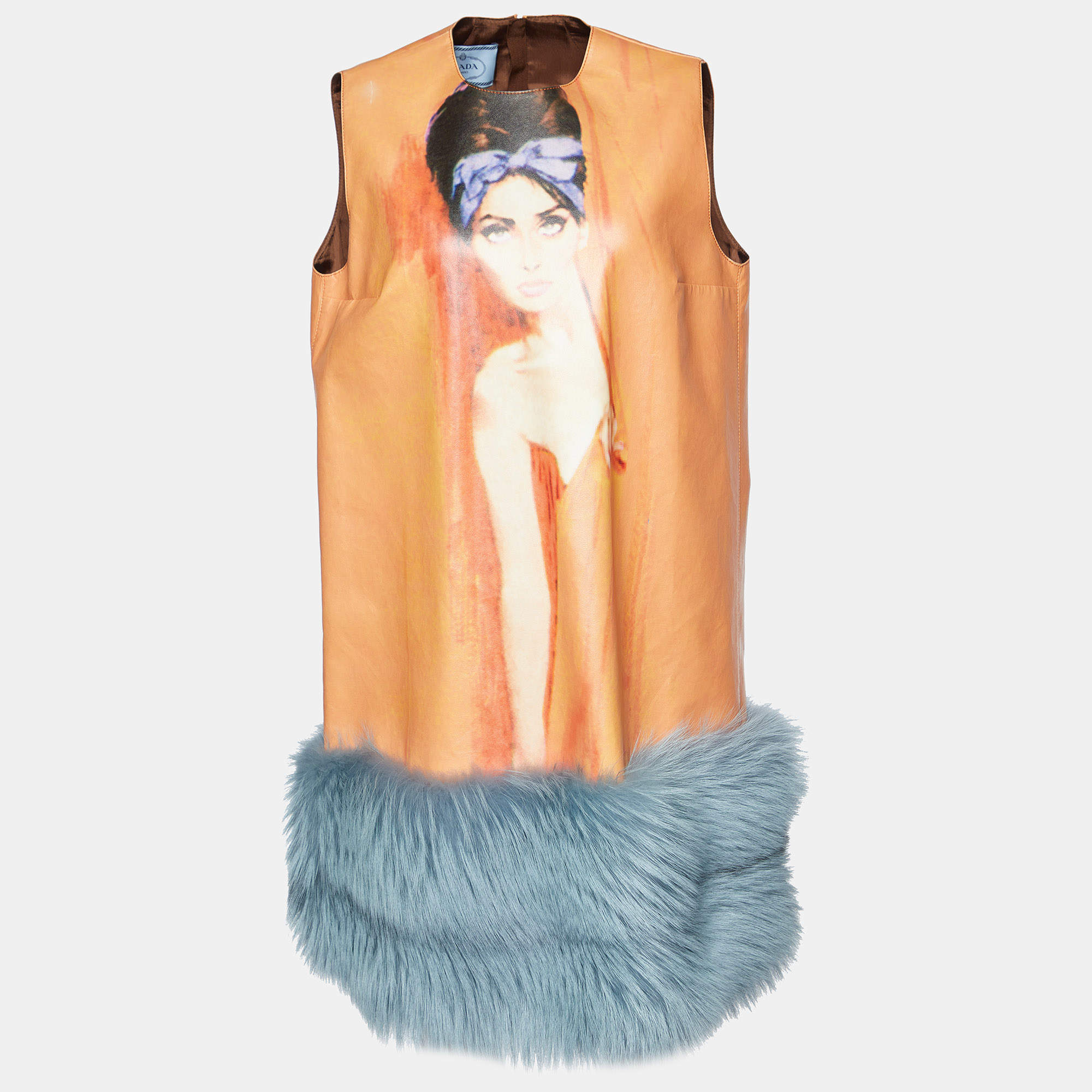 Prada Orange Poster Print Coated Cotton Fur Trimmed Sleeveless Dress M