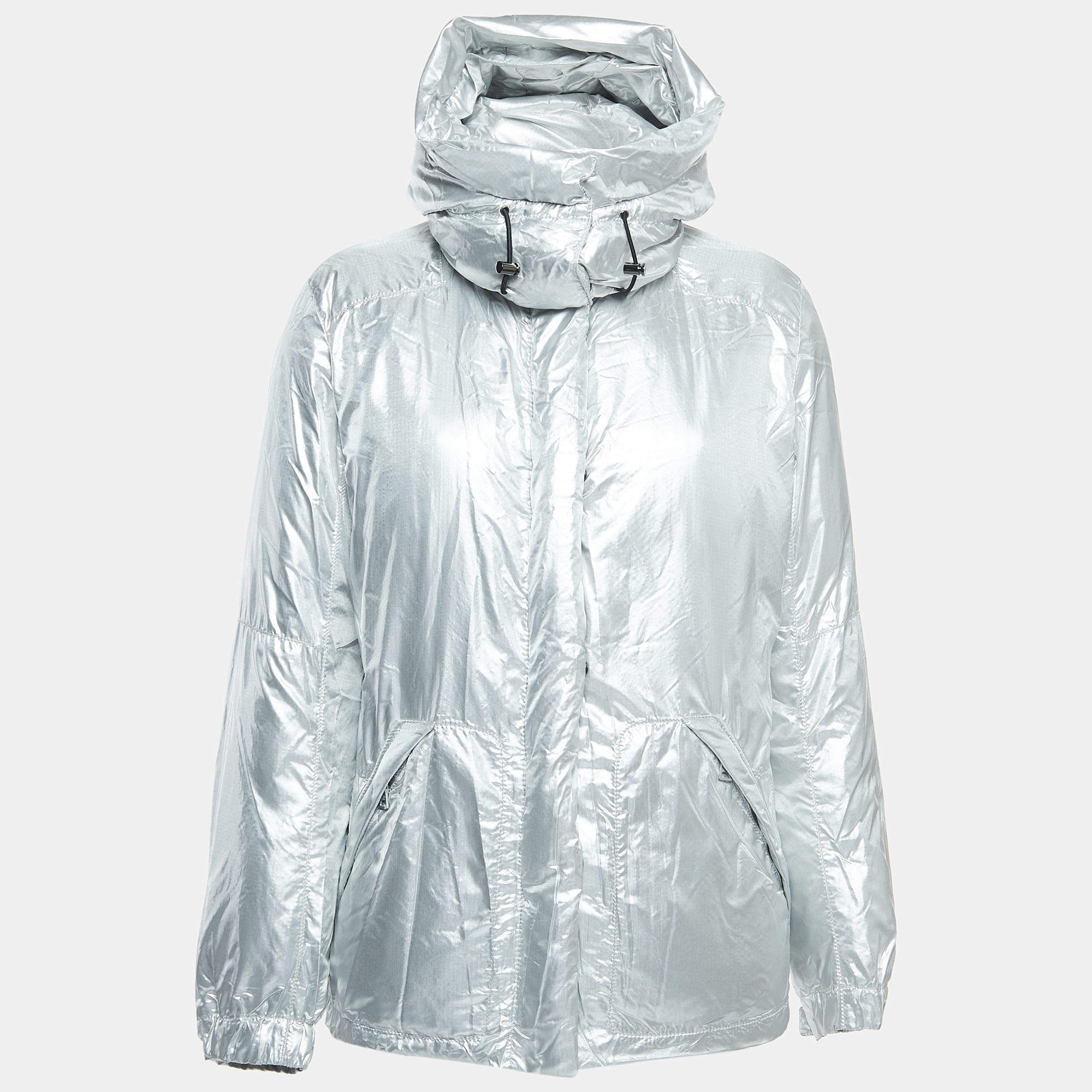 Prada Vintage Silver Nylon Detachable Hood Down Jacket M