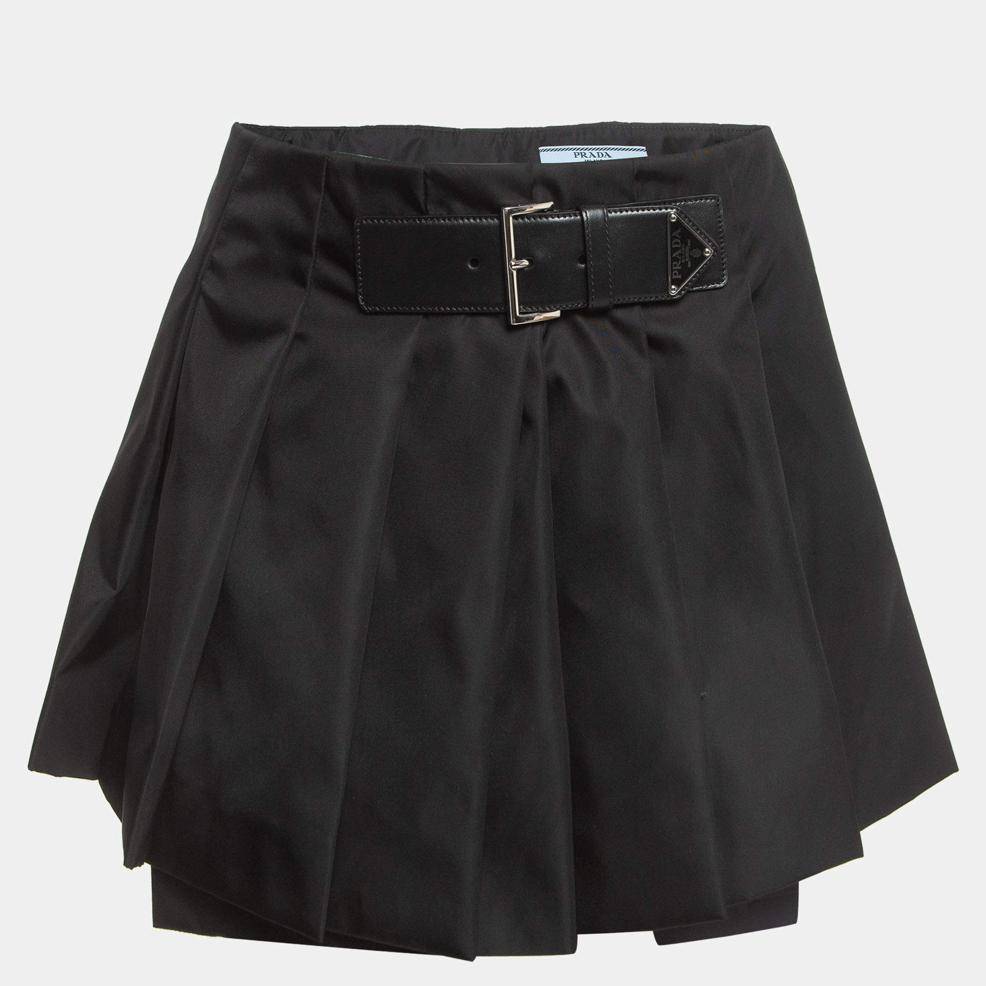 Prada Black Re-Nylon Belt Detail Pleated Mini Skirt XS Prada