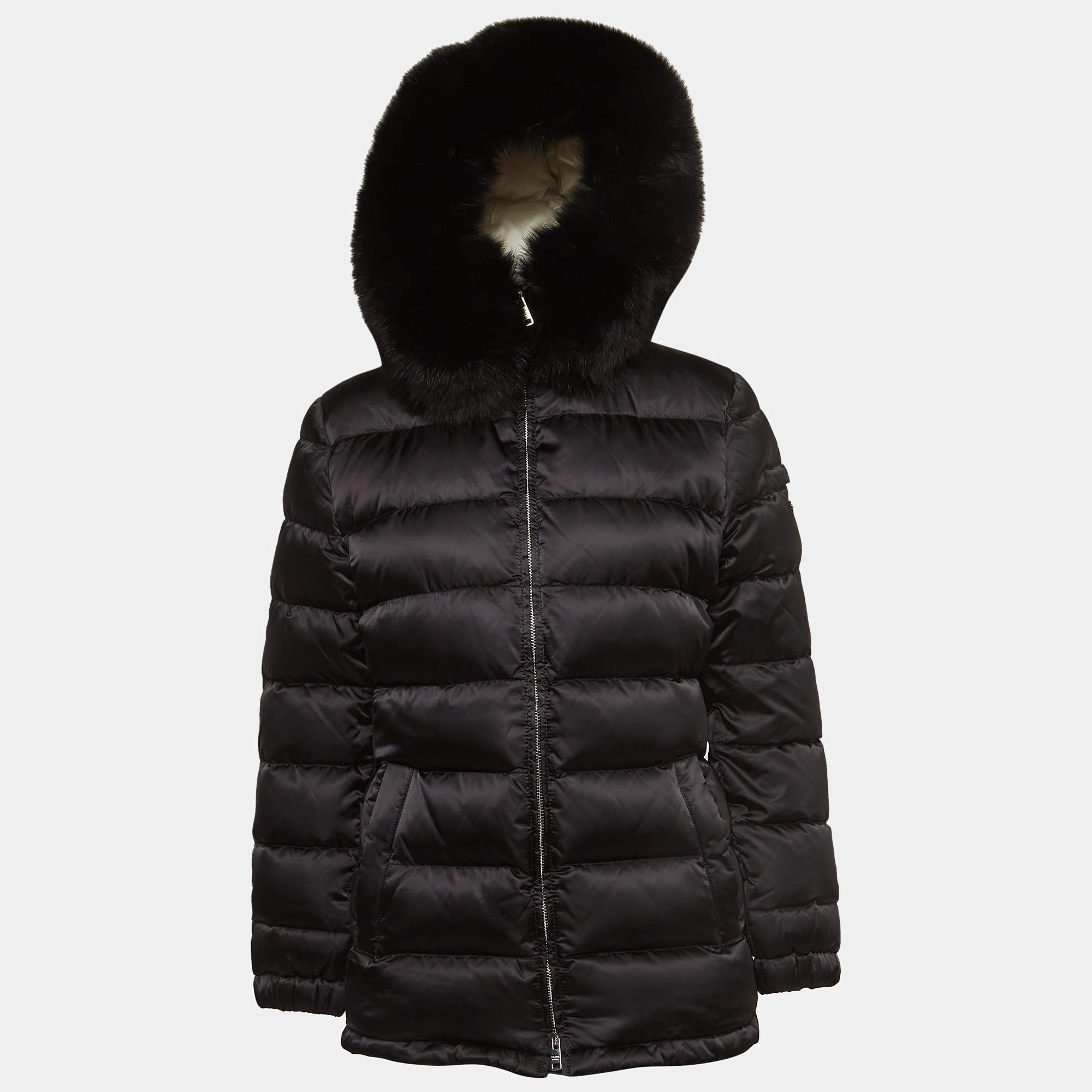 Pre Owned Prada Black Fur Trimmed Hood Nylon Padded  Jacket M