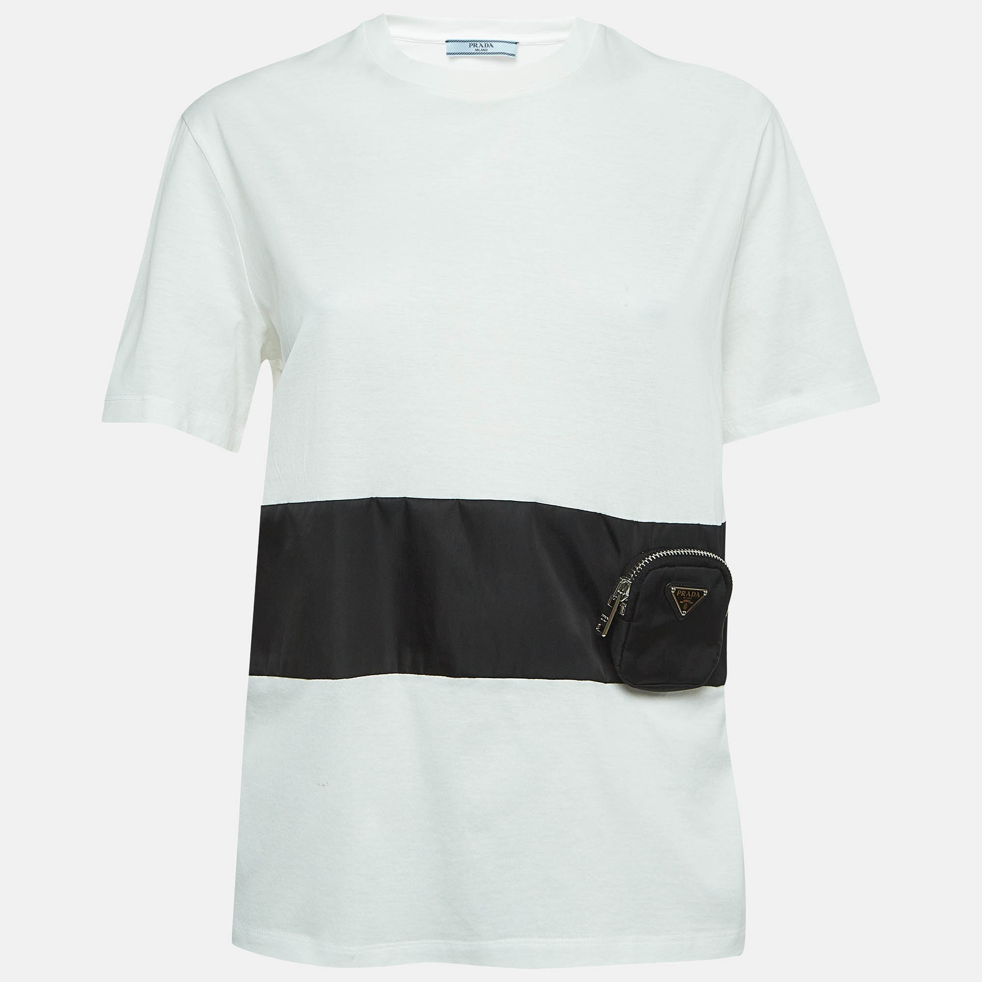 Pre Owned Prada White Cotton Knit Re-Nylon Pouch Docking T-Shirt L