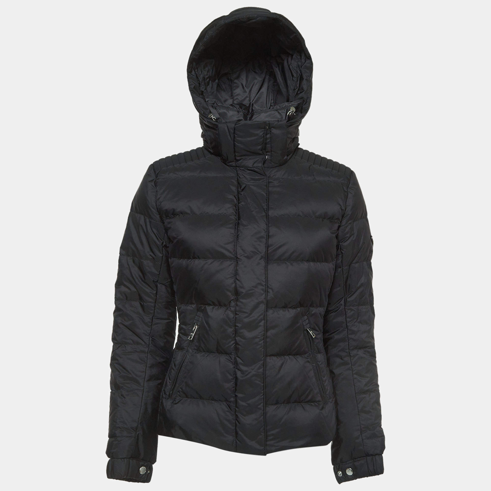 Pre Owned Prada Black Nylon Triangle Logo Applique Hooded Puffer Jacket M