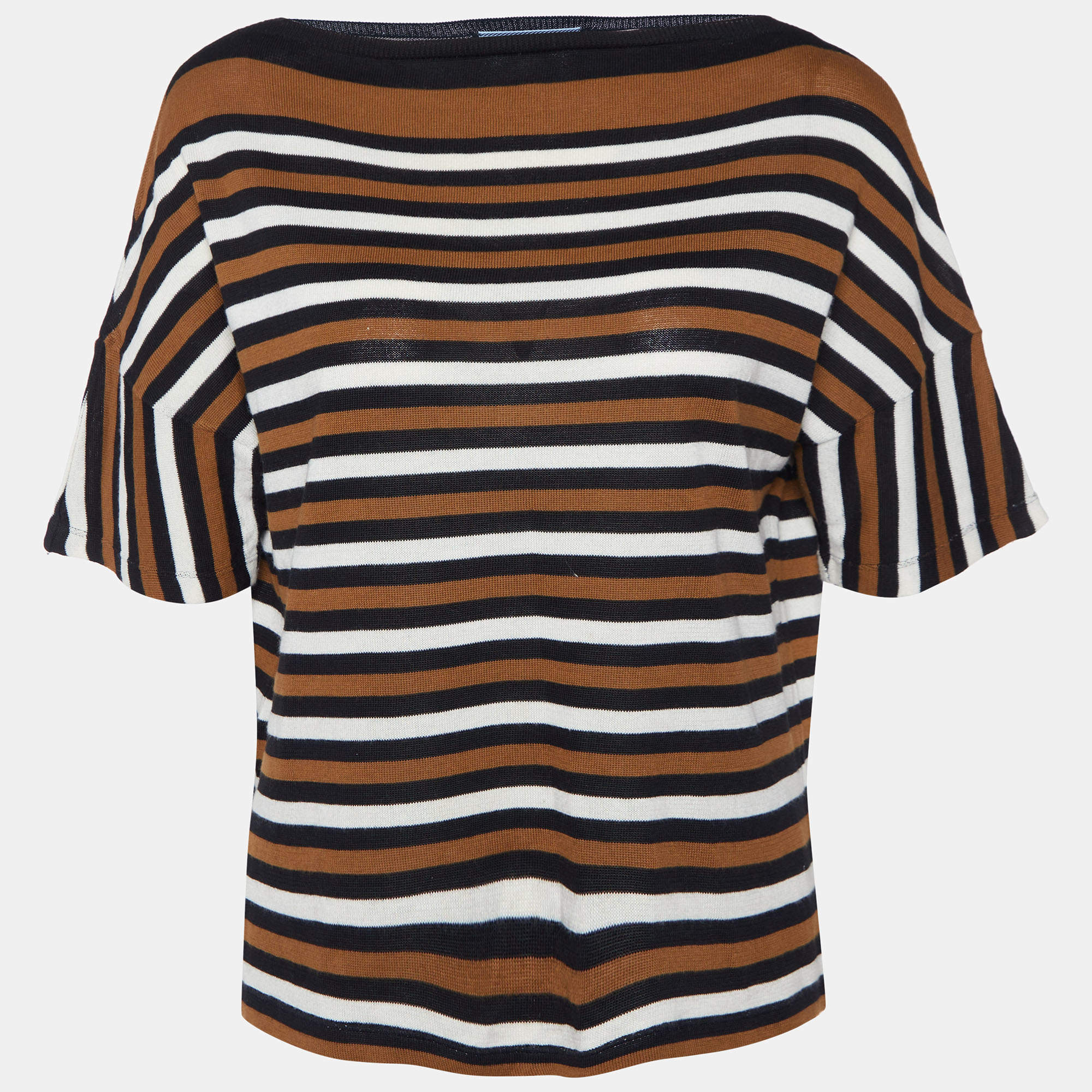 Prada Brown/Black Striped Cotton Knit Short Sleeve Top M