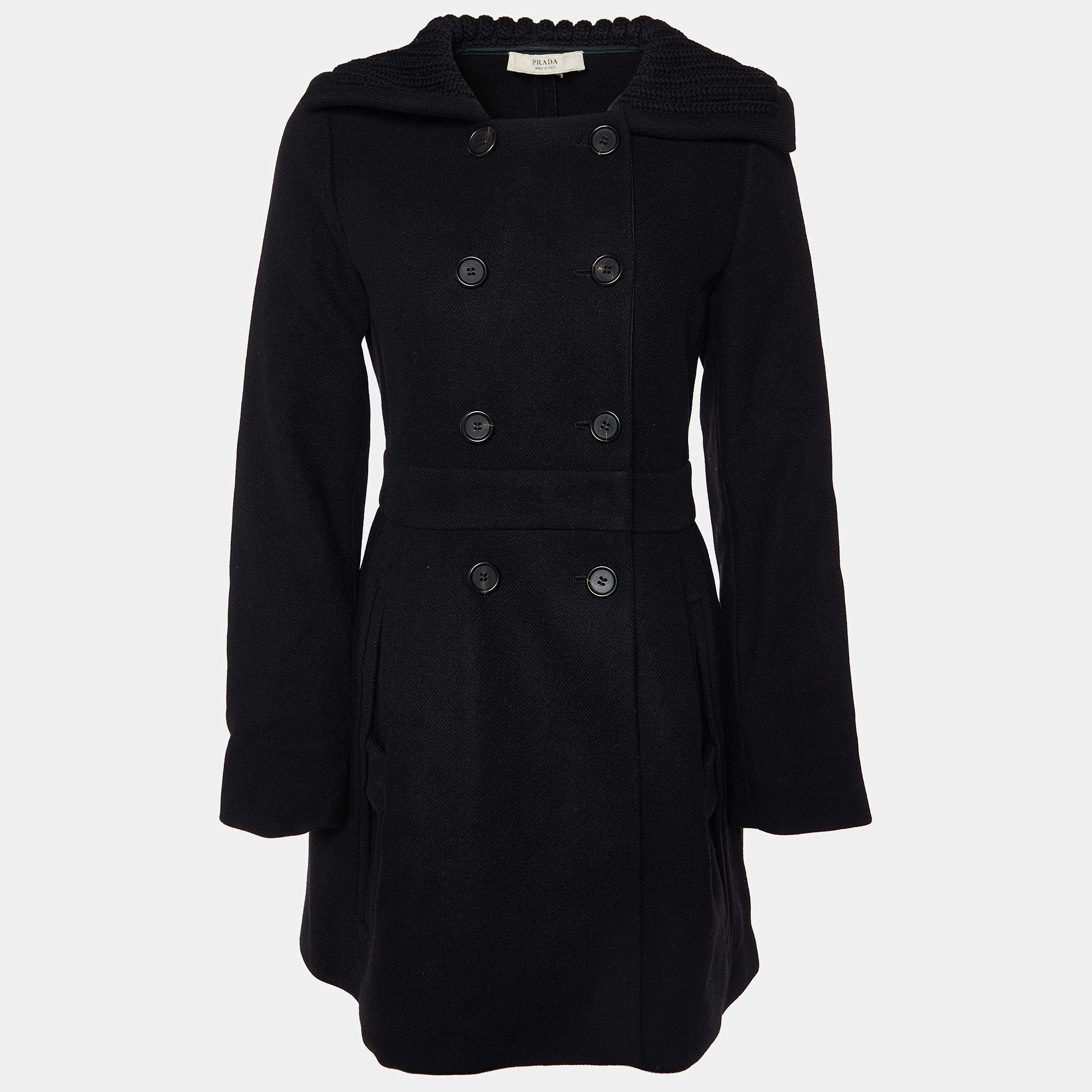 Pre Owned معطف برادا سوف أسود بصفين أزرار مقاس صغير - سمول