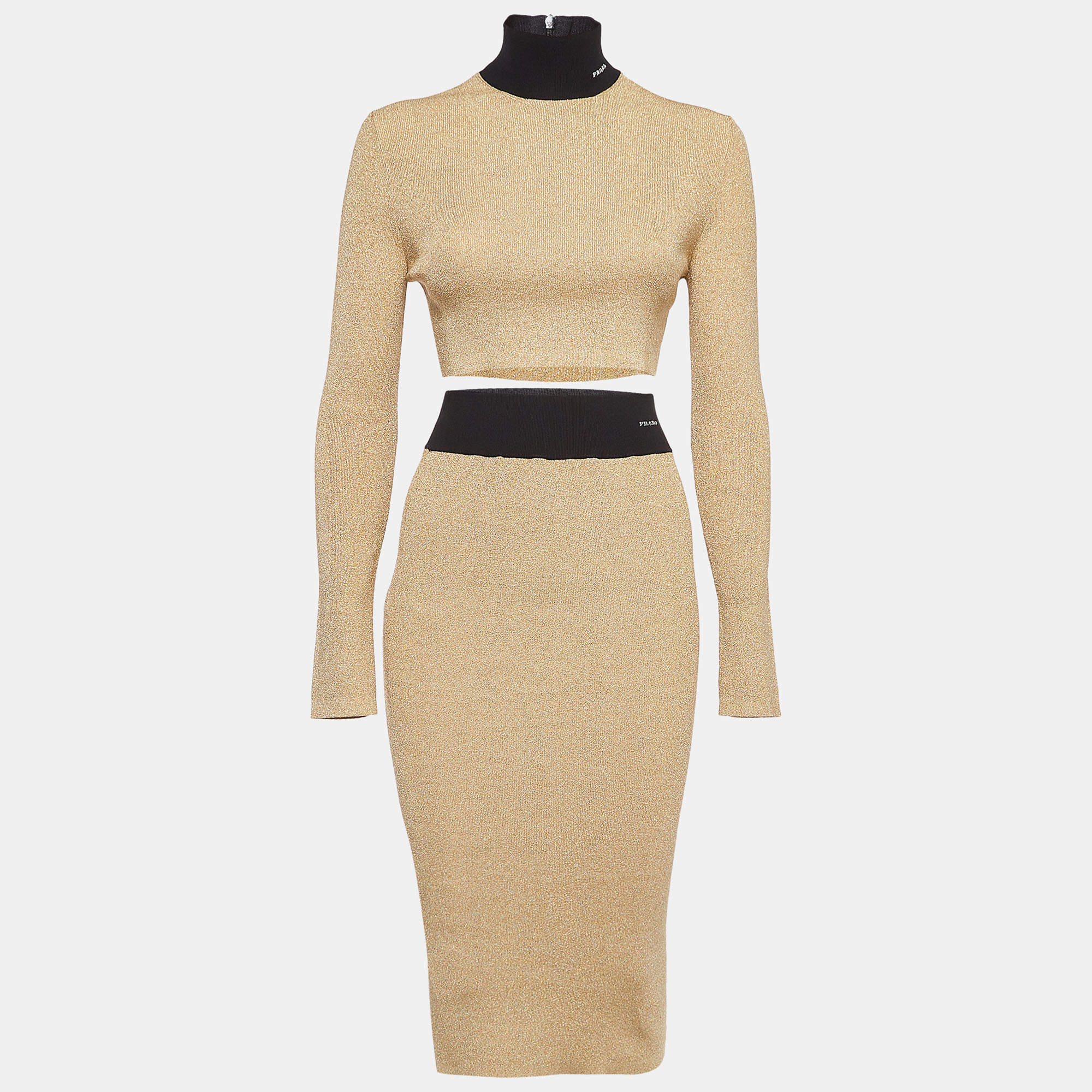 Prada Gold Logo Intarsia Lamé Knit Crop Top and Skirt Set M