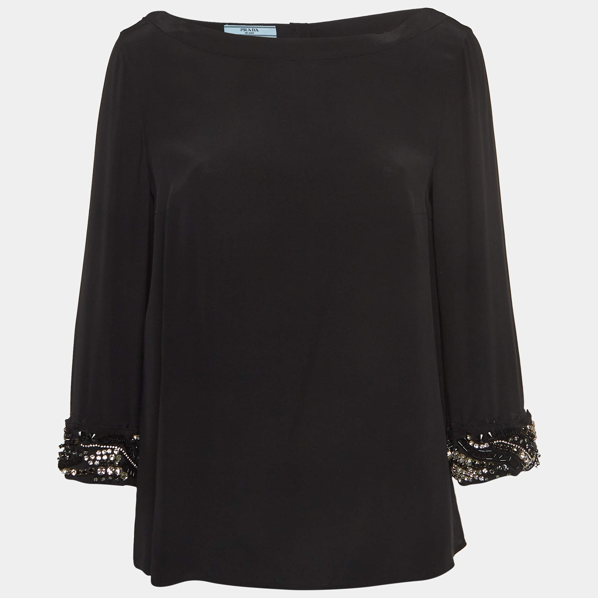 Pre Owned Prada Black Silk Decorative Cuff Detail Blouse M