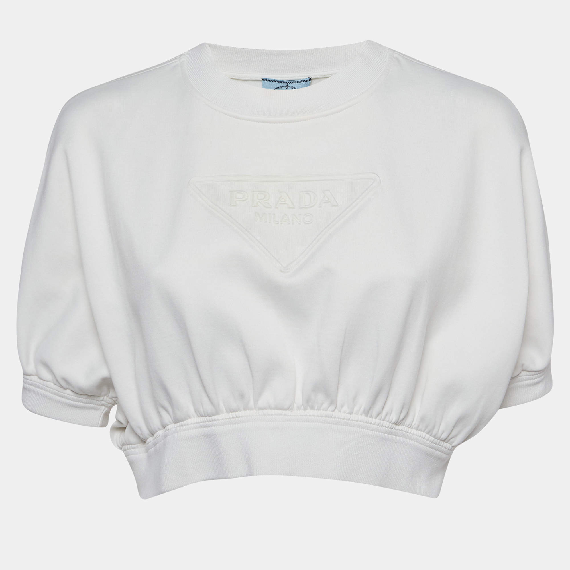 Prada White Logo Embossed Jersey Cropped T-Shirt M