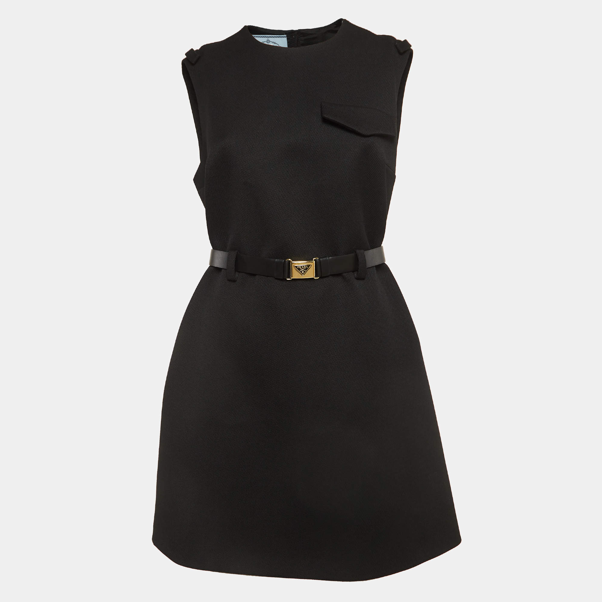 Prada Black Stretch Natté Tulle Sleeveless Belted Mini Dress M