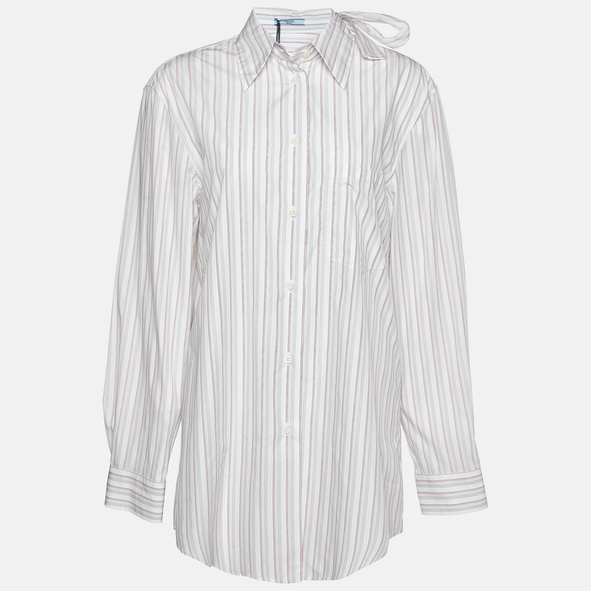 Pre Owned Prada White Striped Cotton Tie Neck Button Front Shirt M