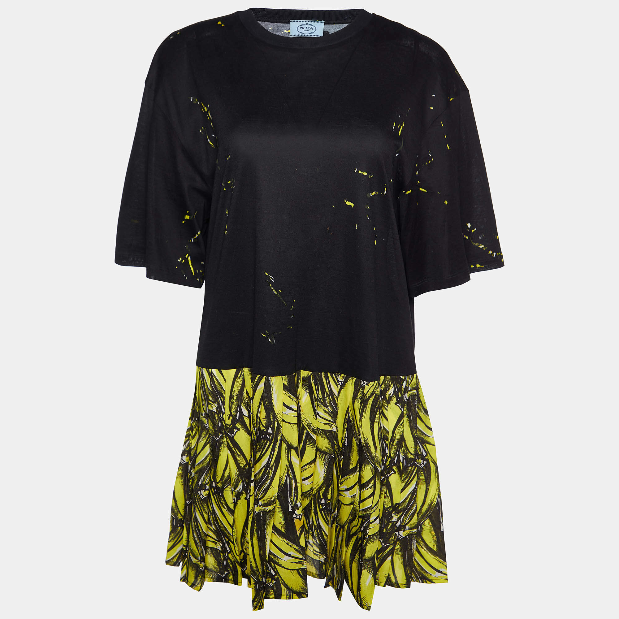 Pre Owned Prada Black Banana Print Cotton Peplum Dress M