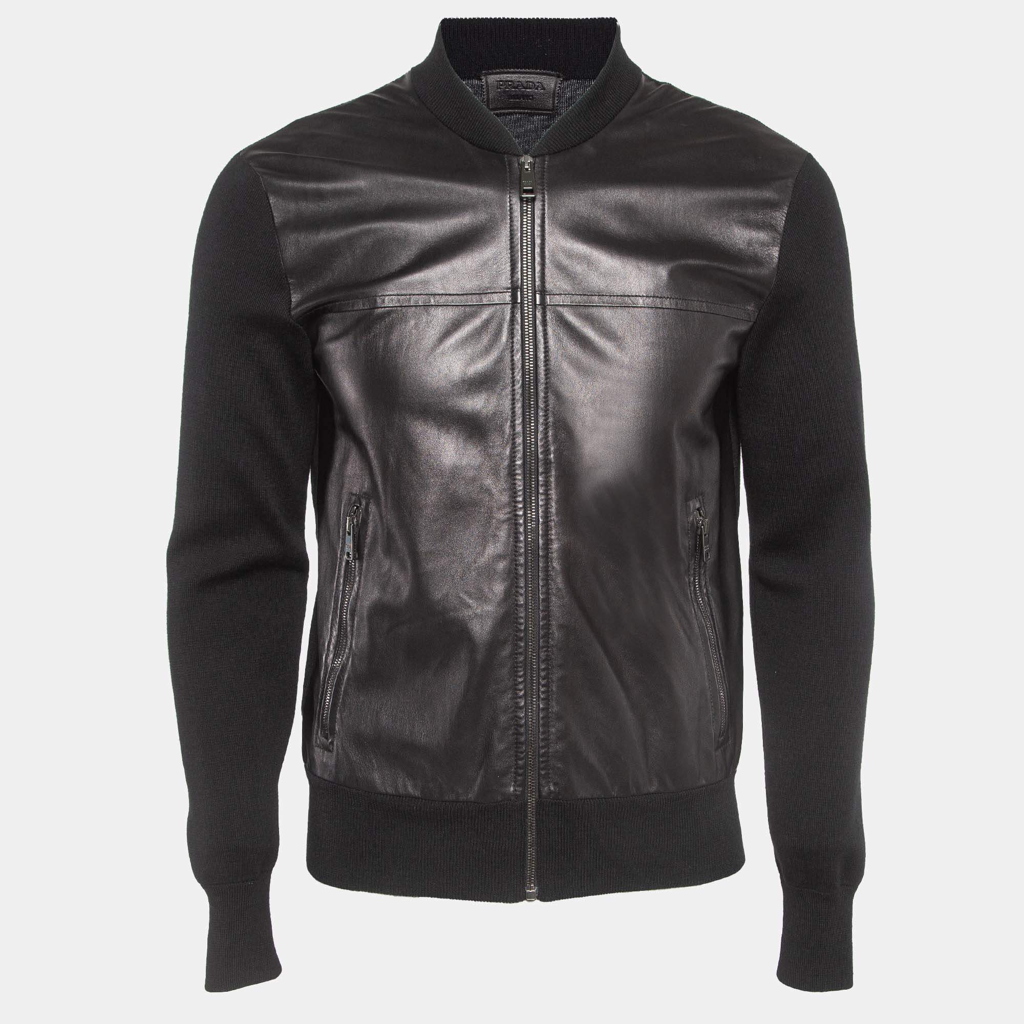 Prada Black Leather Trim Wool Zipper Jacket M