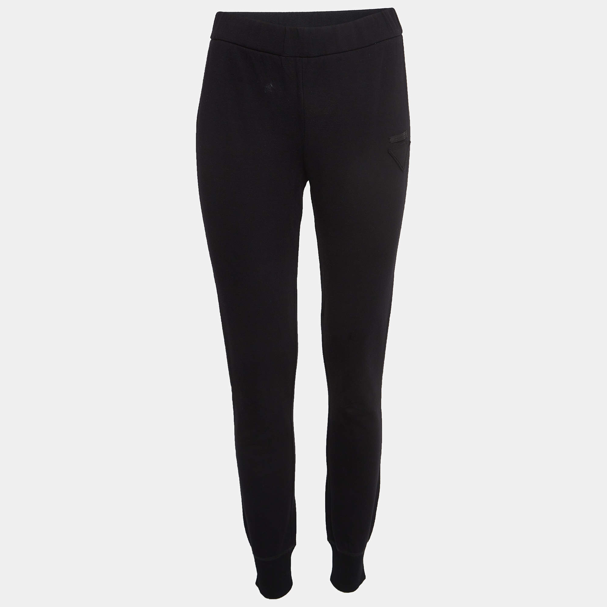 Prada Black Triangle Applique Cotton Knit Joggers M
