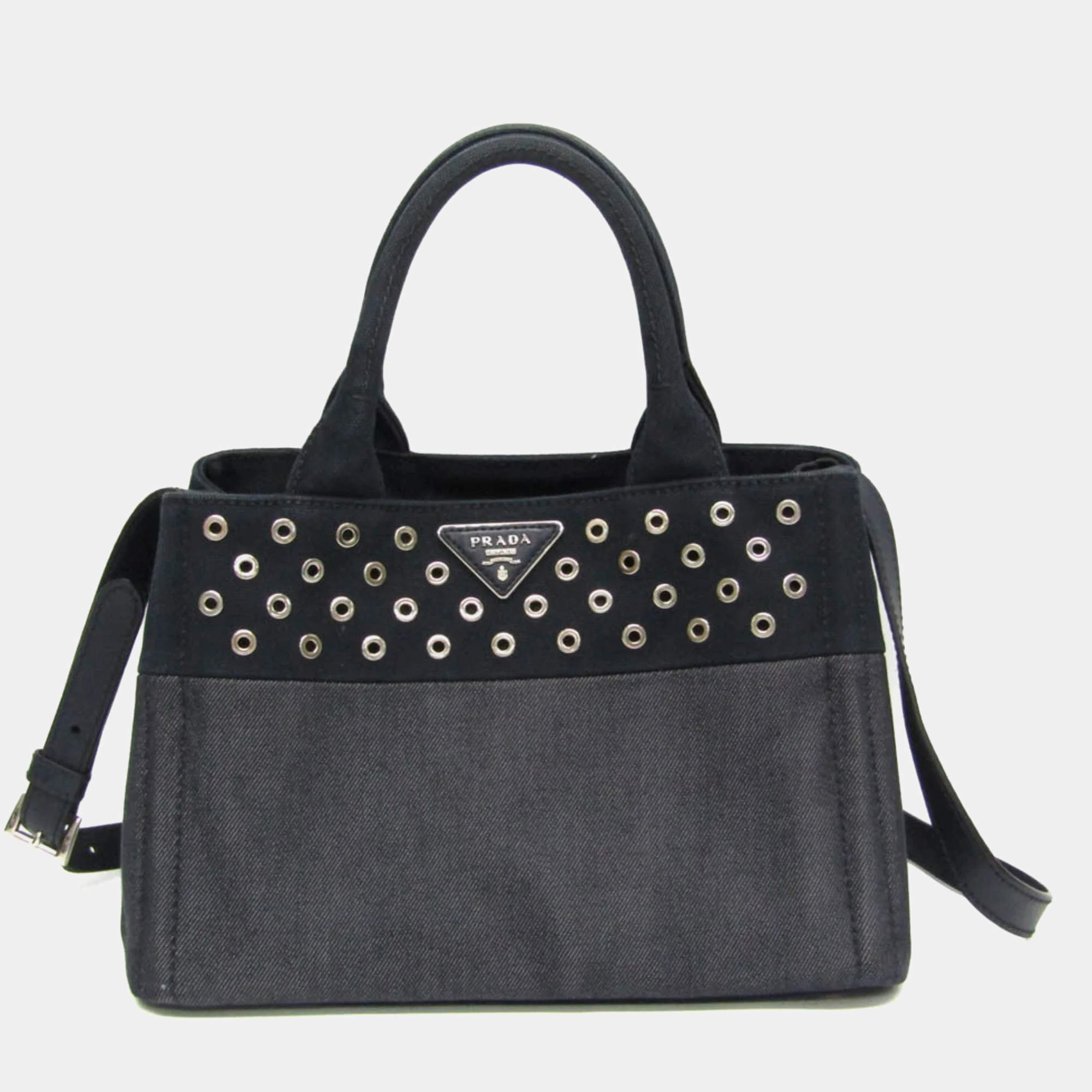 Prada Navy Blue Denim and Leather Studded Canapa Tote Bag