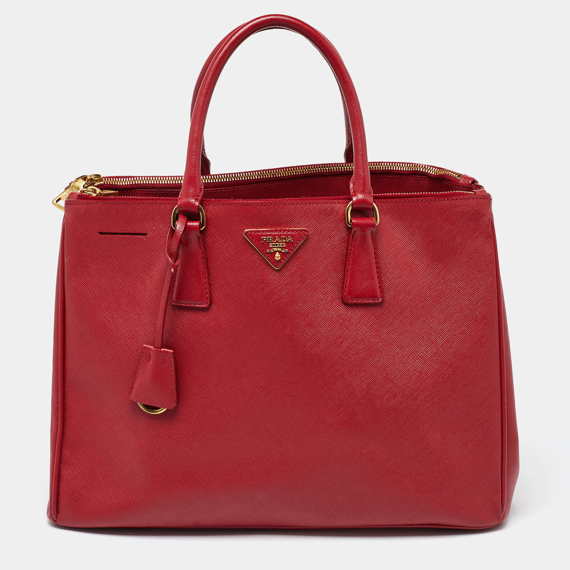 Pre Owned Prada Red Saffiano Leather Large Galleria Double Zip Tote