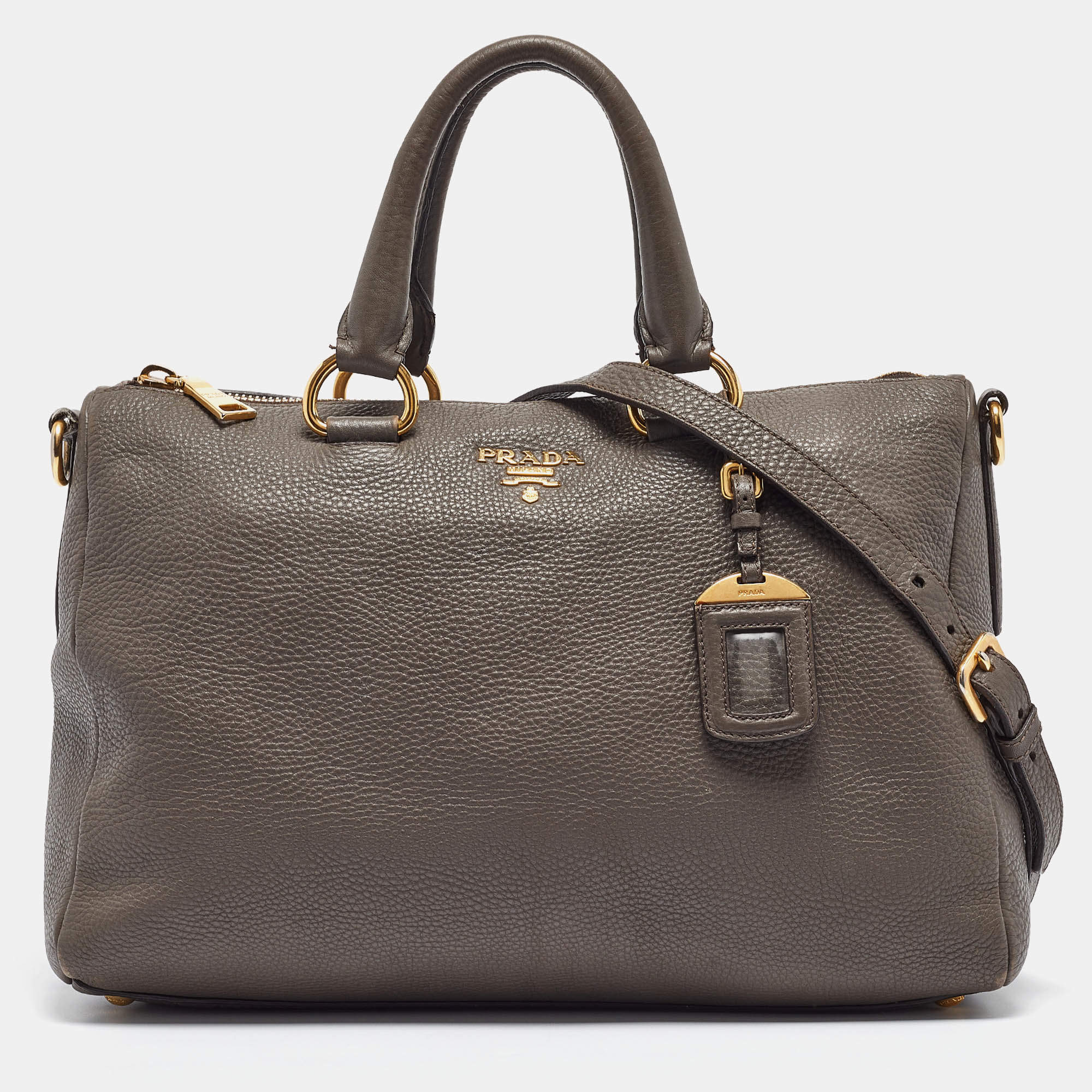 Pre Owned Prada Dark Grey Vitello Daino Leather Duffle Bag