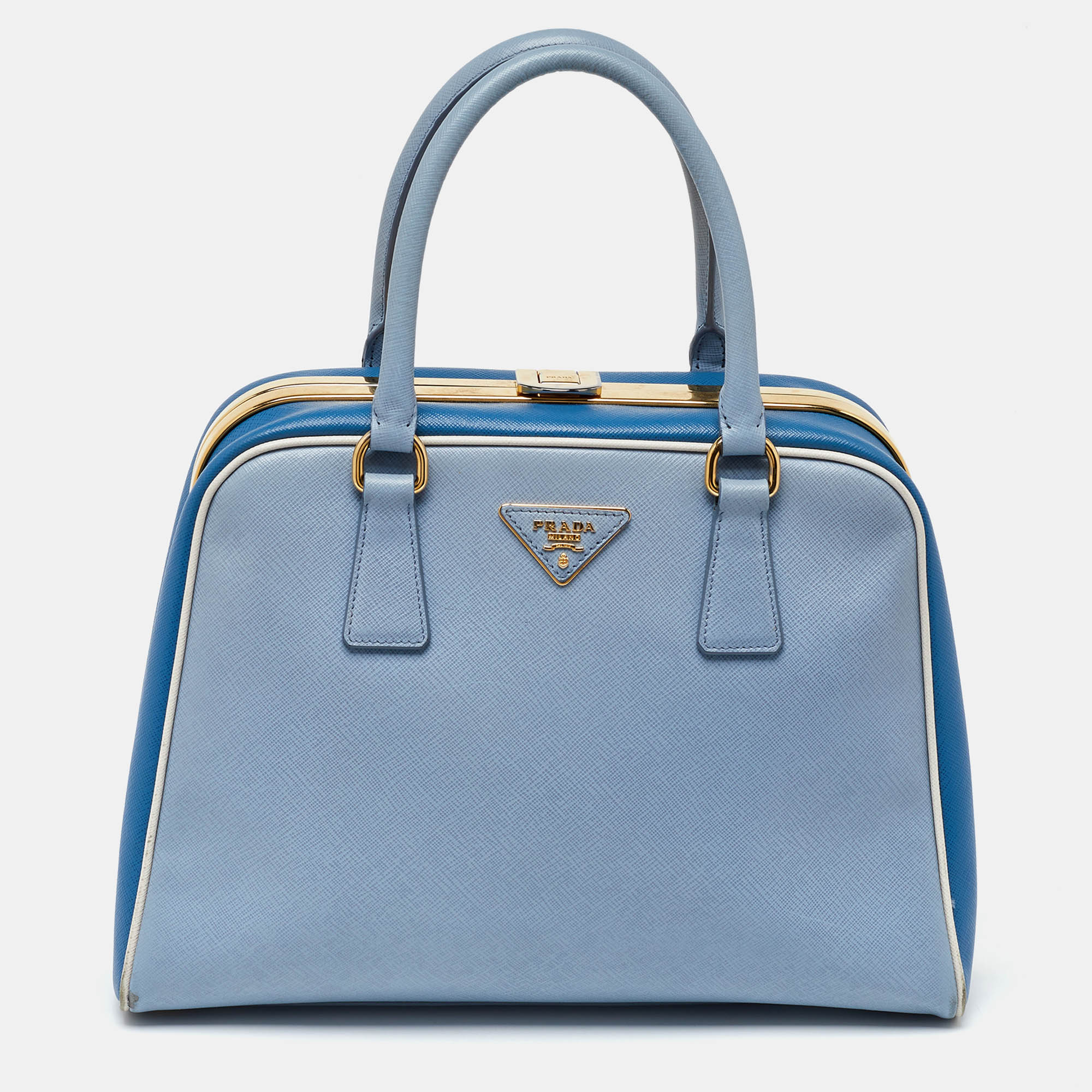 Prada Two Tone Blue Saffiano Lux Leather Pyramid Frame Satchel