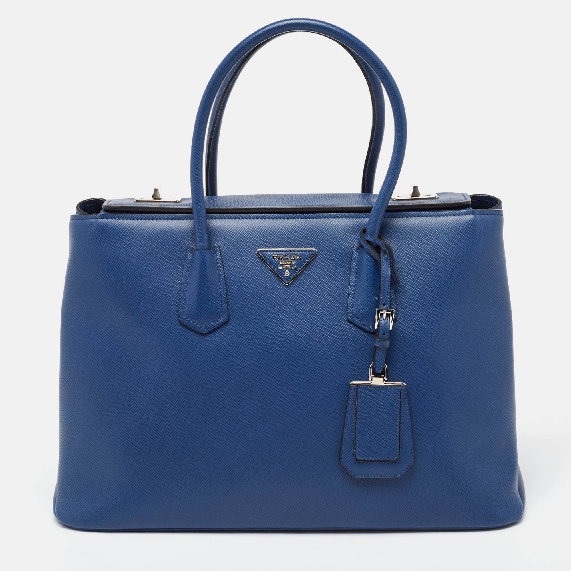 Pre Owned Prada Blue Saffiano Cuir Leather Large Twin Tote