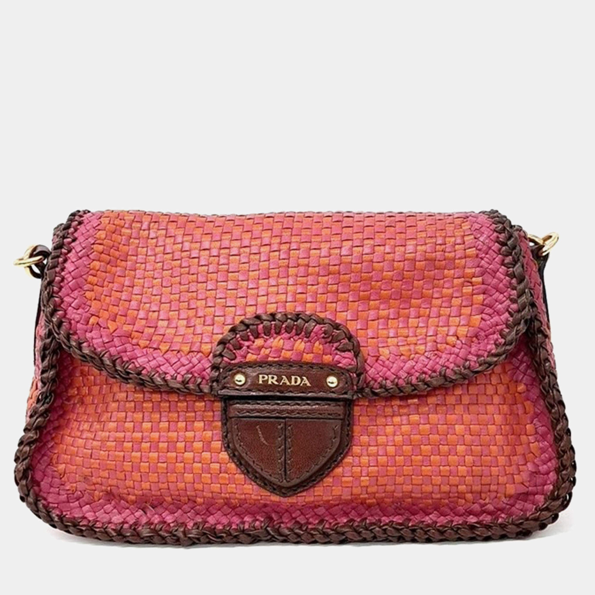 Pre Owned Prada Brown Leather Madras Shoulder Bag