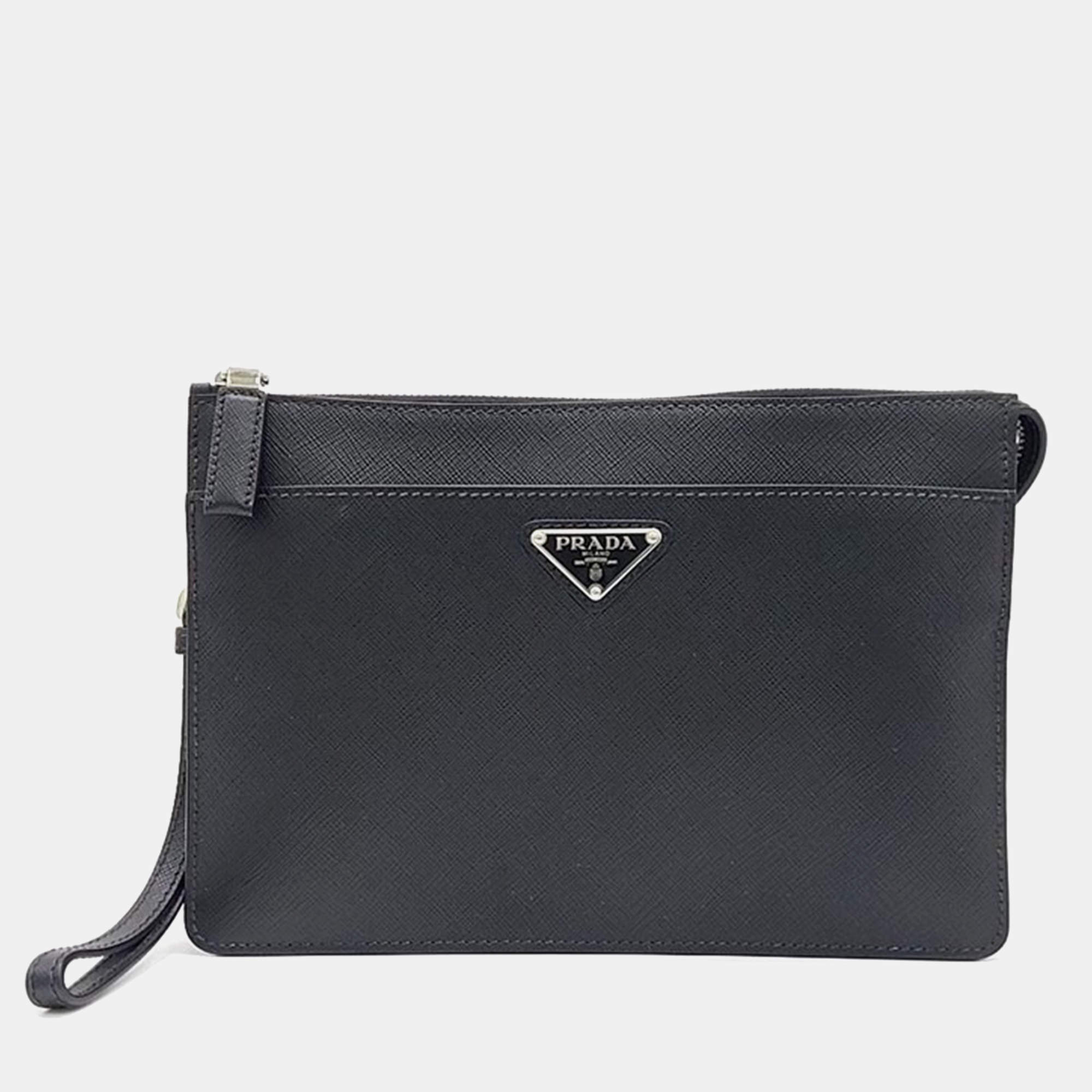 Prada Black Saffiano Lux Leather Wristlet Pouch Prada TLC