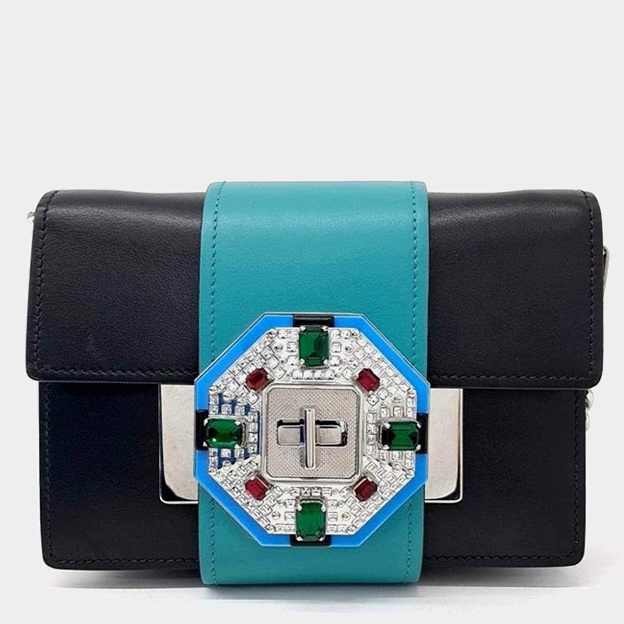 Prada Black/Blue City Calf Jewels Embellished Ribbon Shoulder Bag