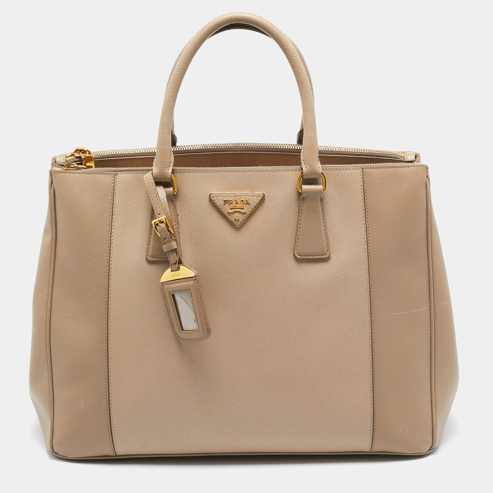 Prada Two Tone Beige Saffiano Lux Leather Large Double Zip Tote