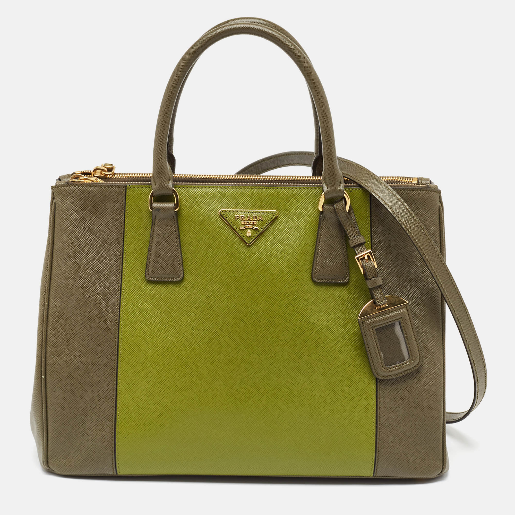 Pre Owned Prada Two Tone Green Saffiano Lux Leather Medium Double Zip Tote