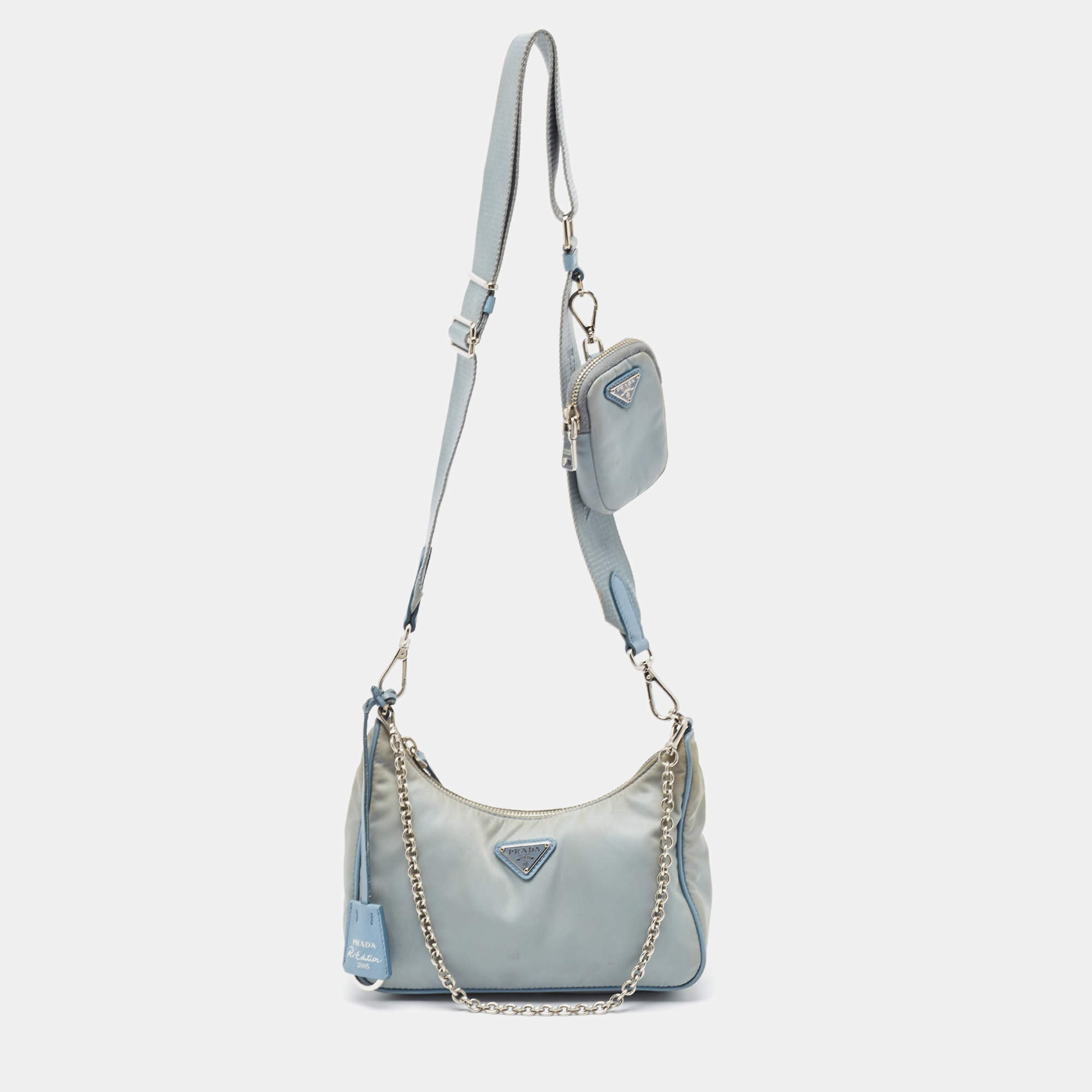 Pre Owned Prada Light Blue Nylon and Leather Re-Edition 2005 Baguette Bag