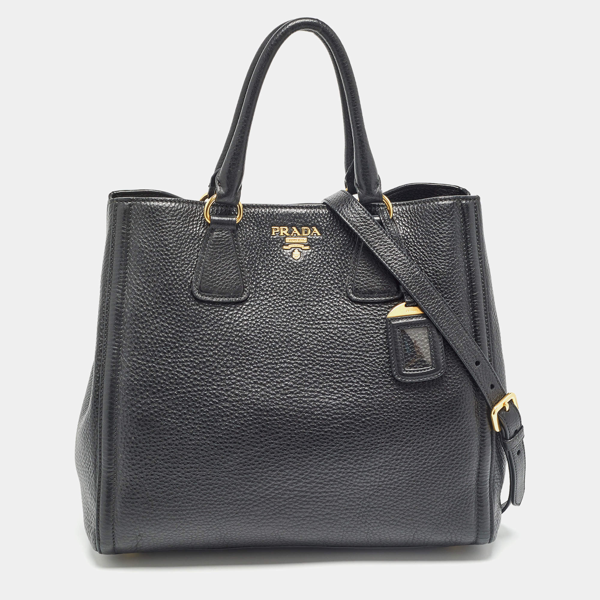Pre Owned Prada Black Vitello Daino Leather Snap Tote