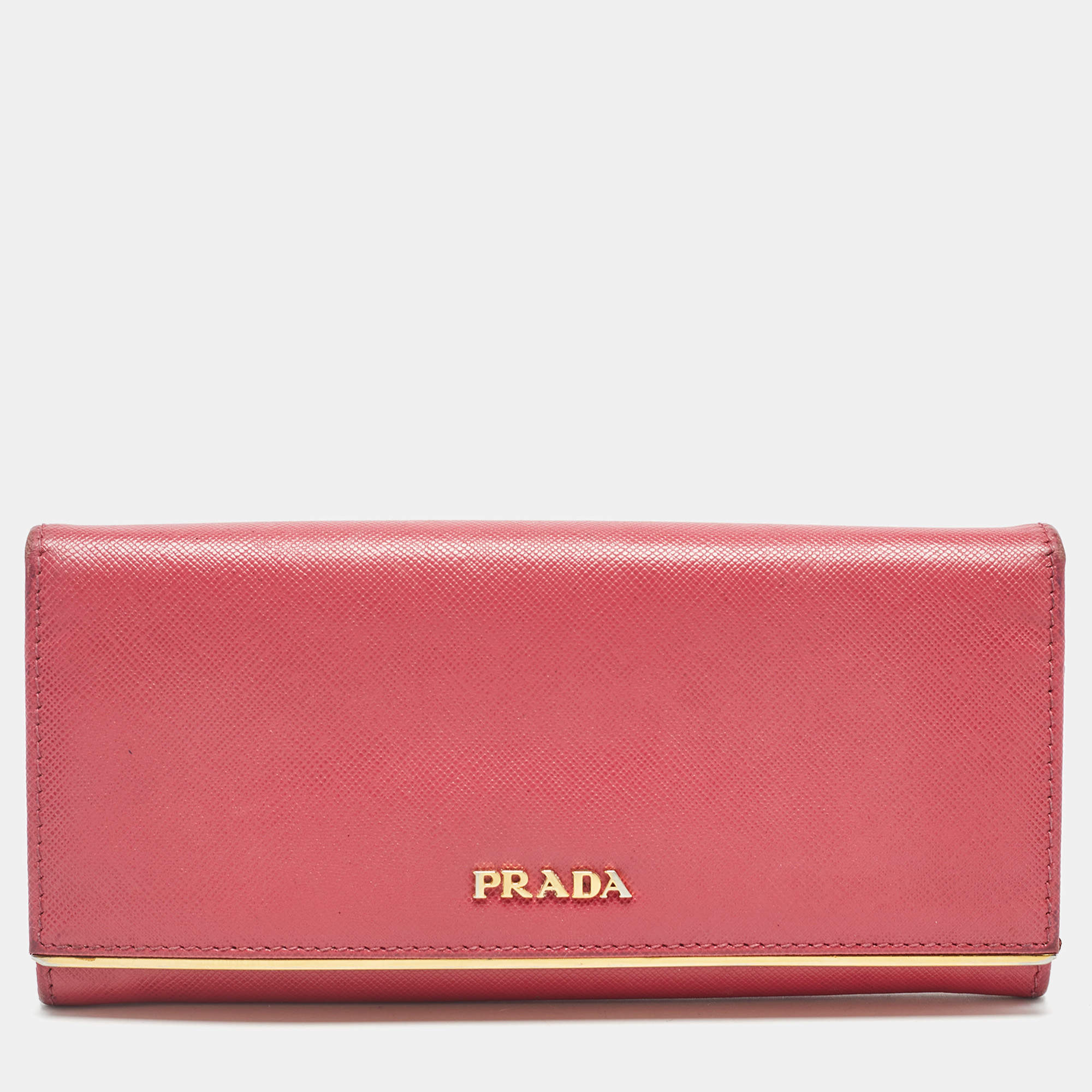 Prada Pink Saffiano Leather Metal Flap Continental Wallet