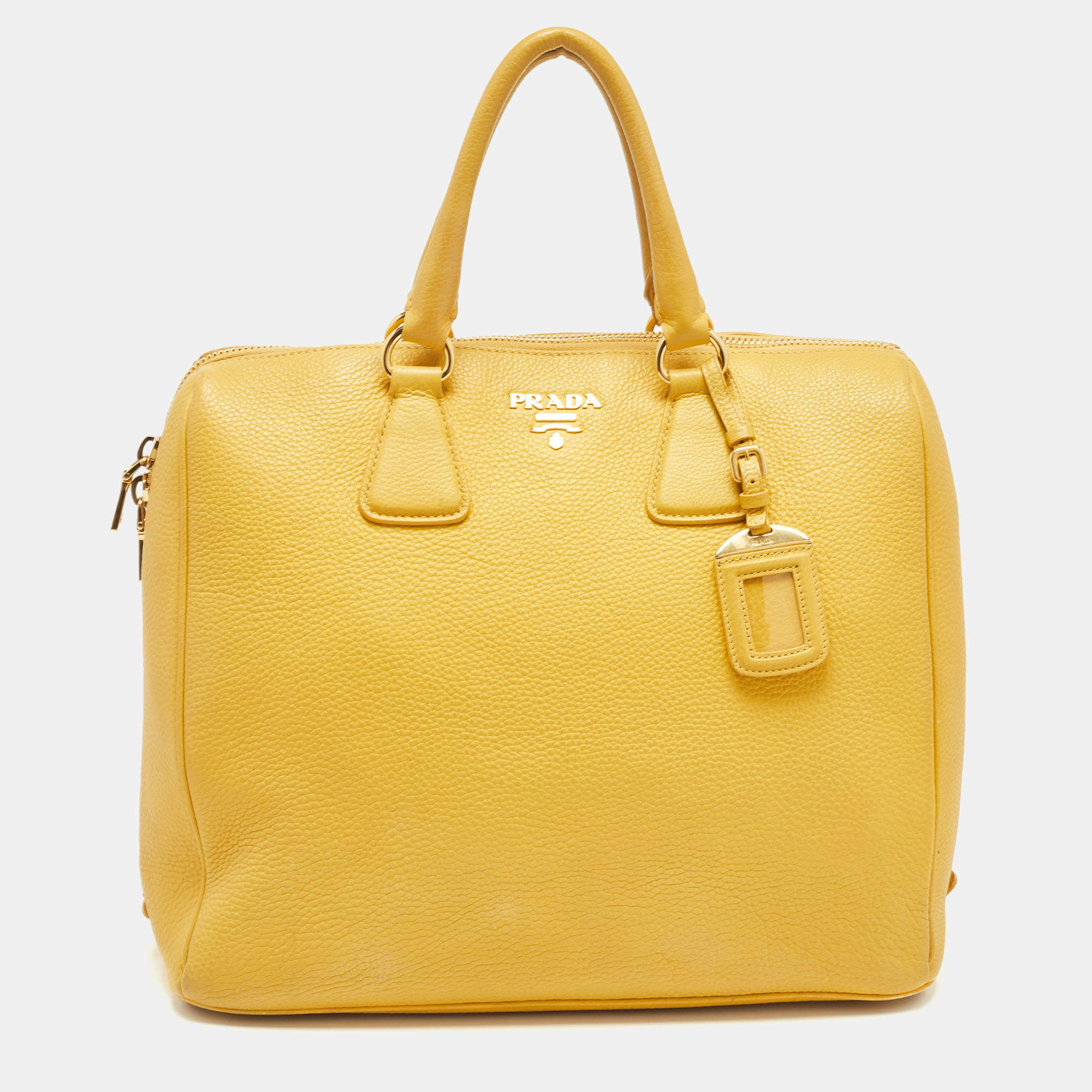 Prada Mustard Vitello Daino Leather Boston Duffel Bag