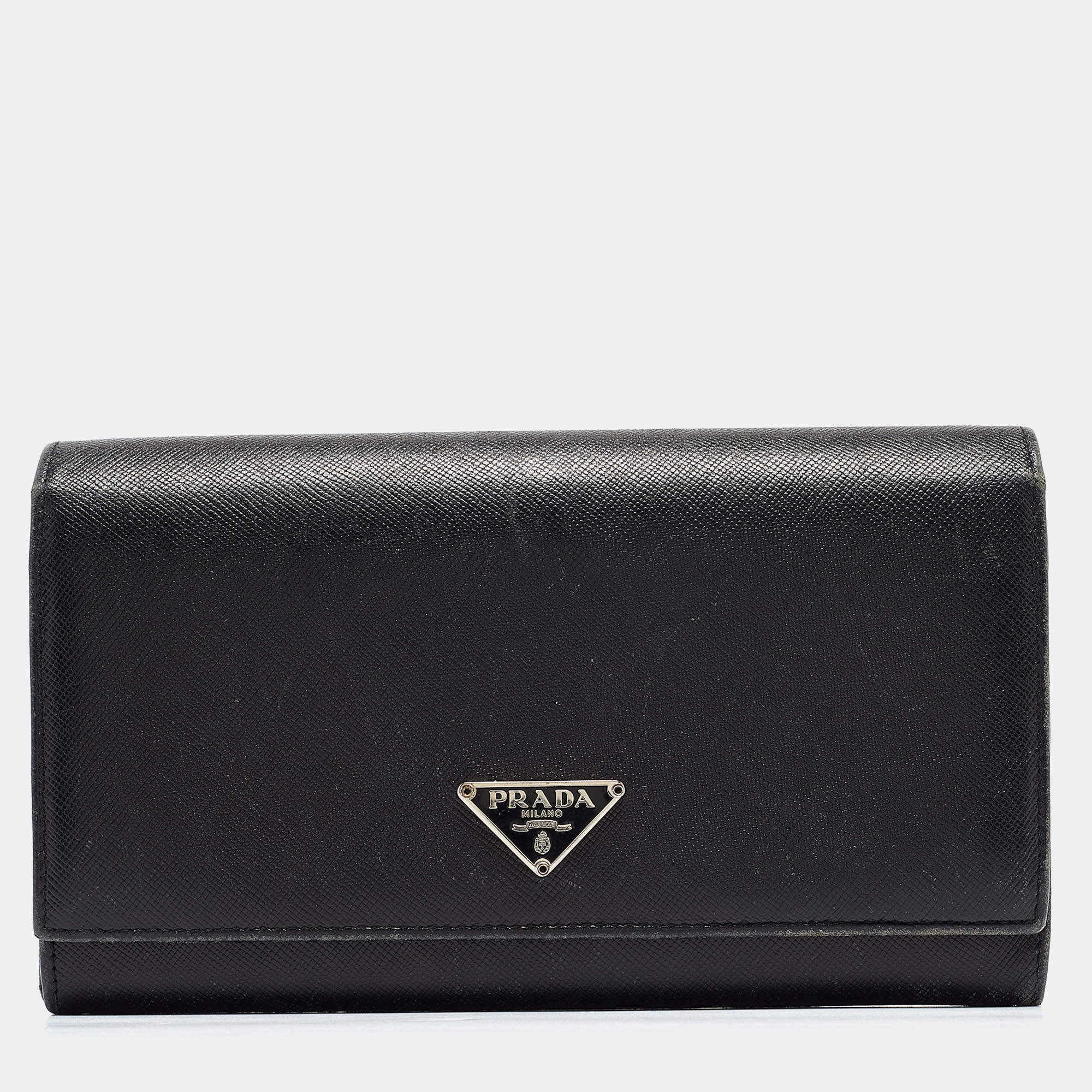 Pre Owned Prada Black Saffiano Metal Leather Logo Flap Continental Wallet