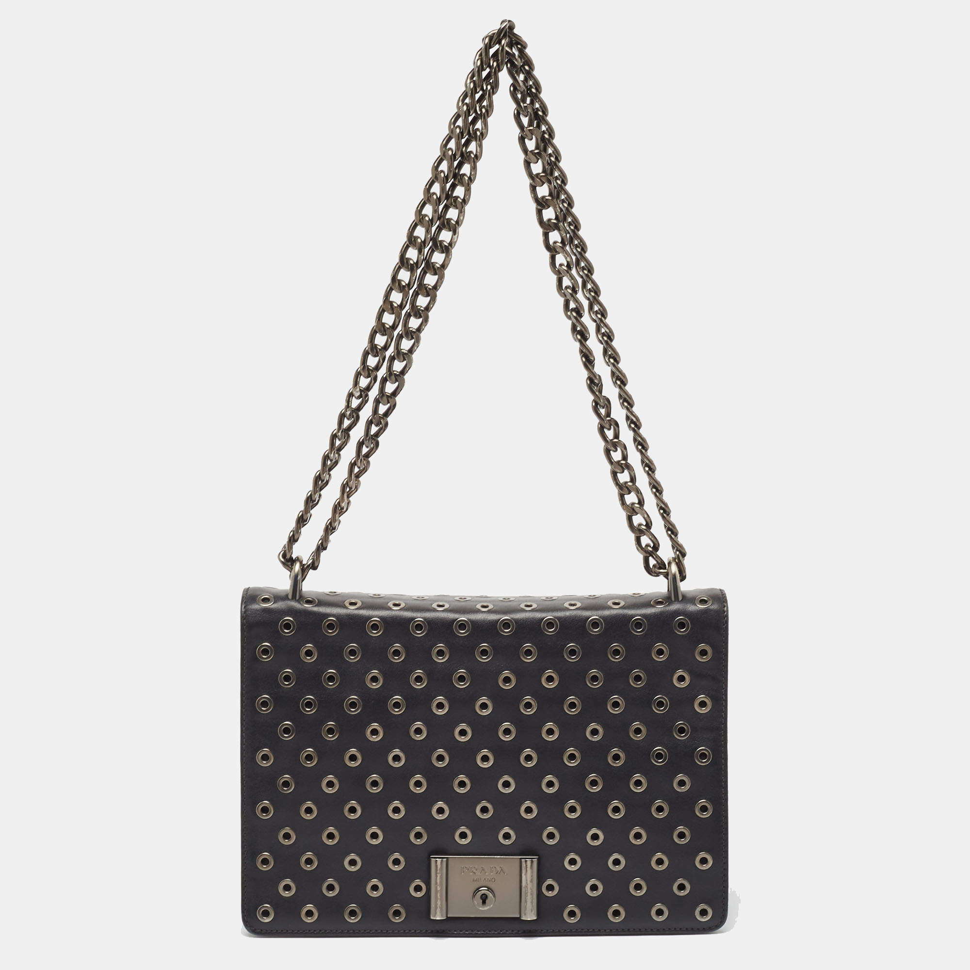 Pre Owned Prada Black Leather Grommet Flap Shoulder Bag