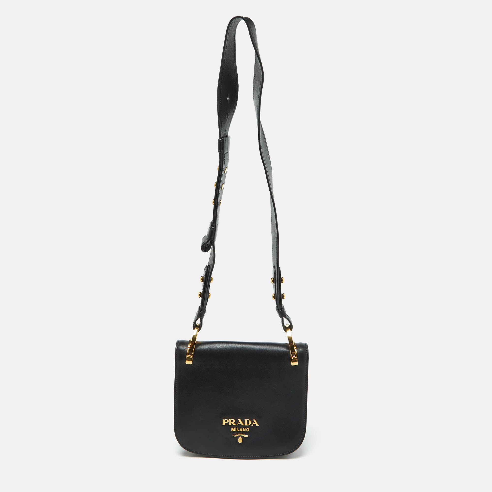 Prada Black Leather City Calf Pionnière Saddle Shoulder Bag