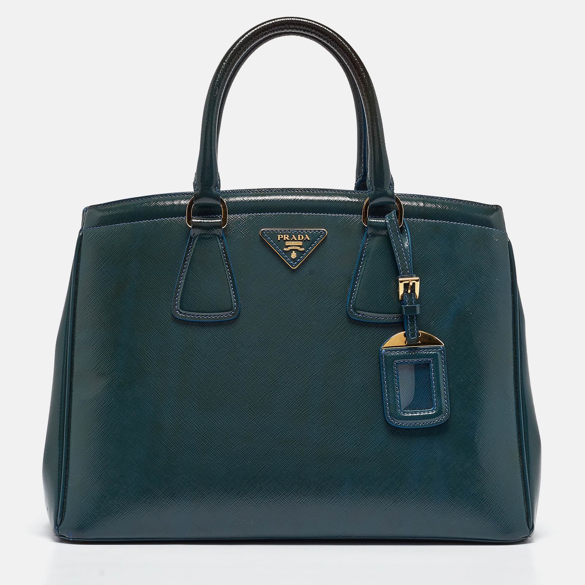 Pre Owned Prada Teal Saffiano Patent Leather Parabole Tote