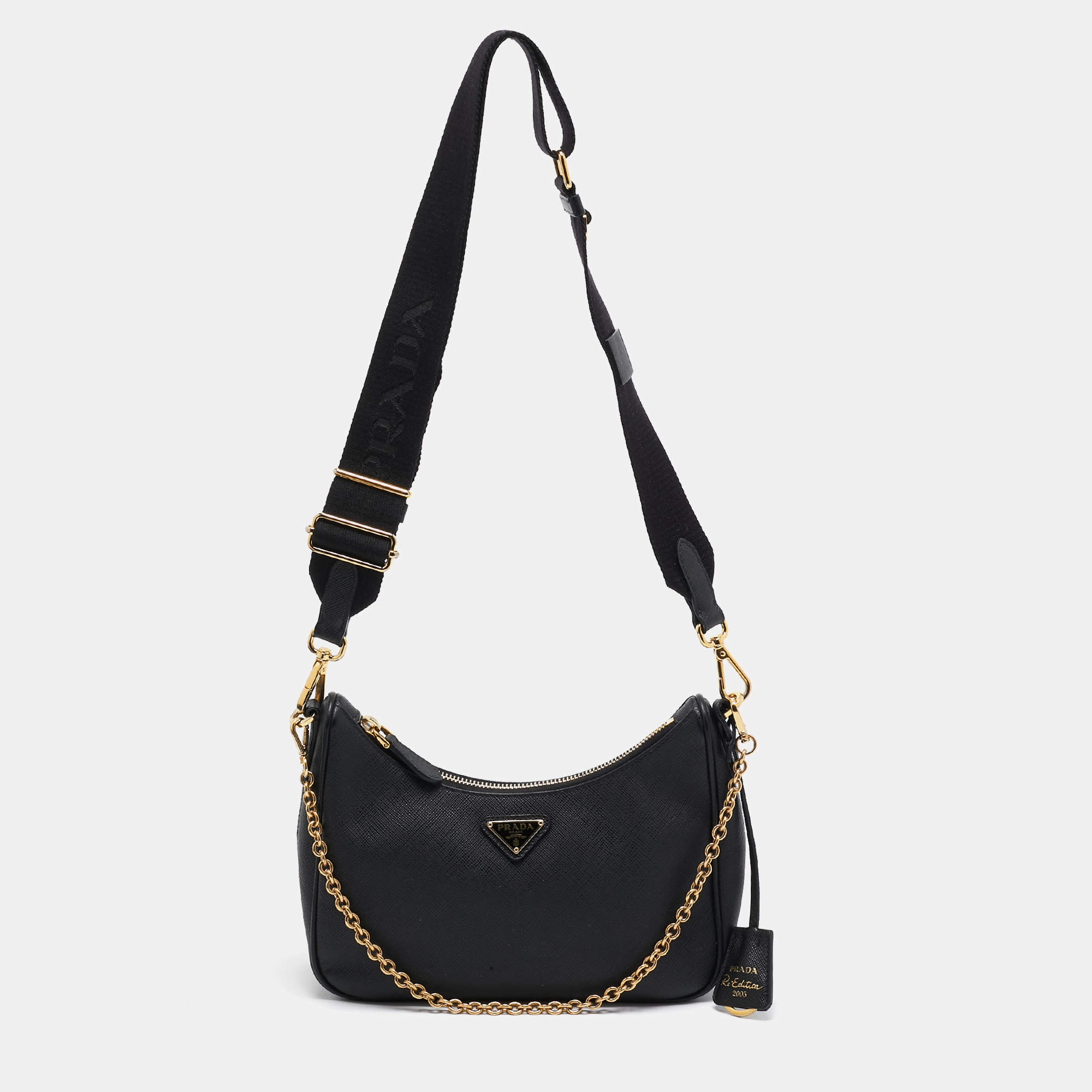 Prada Black Saffiano Lux Leather Re-Edition 2005 Baguette Bag