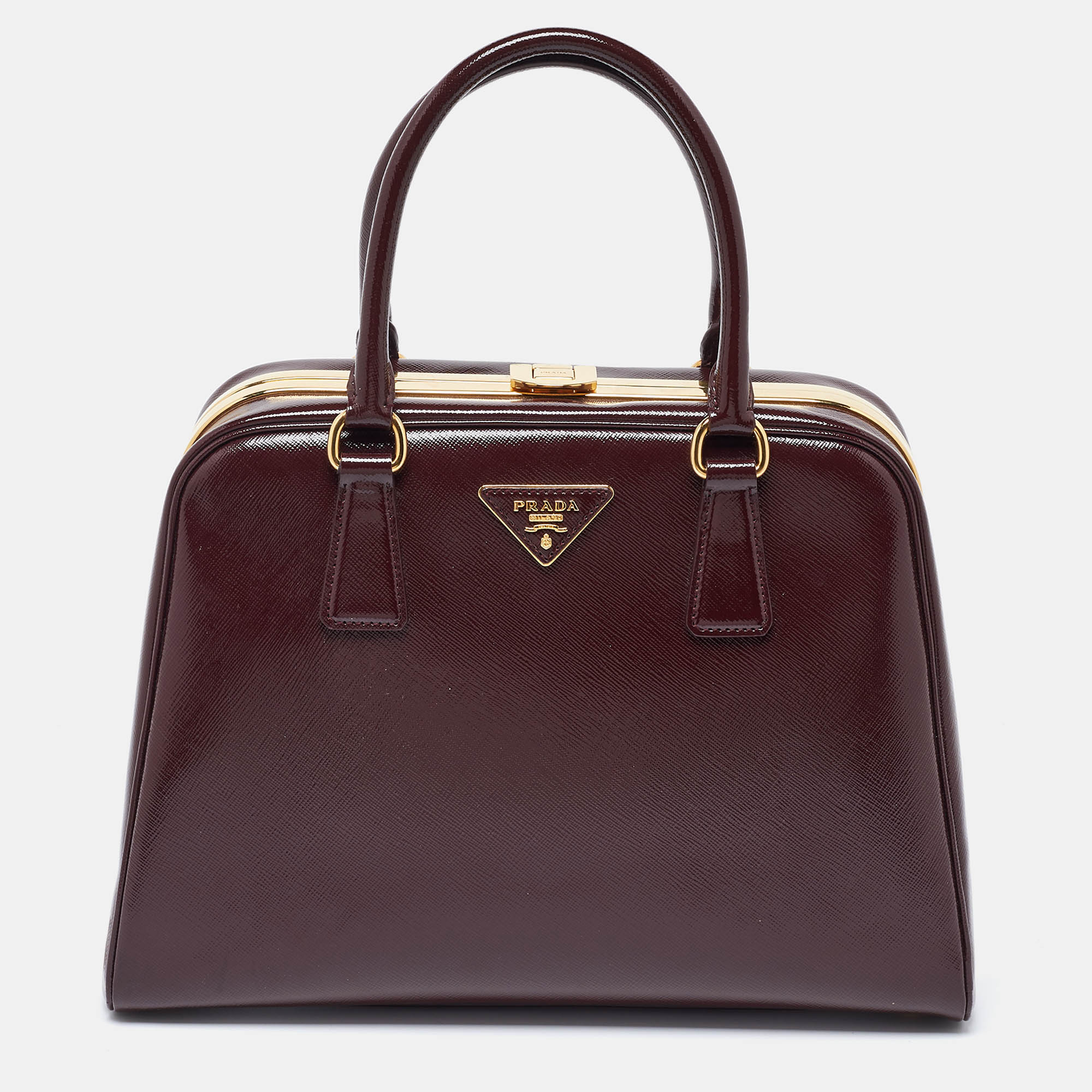 Prada Burgundy Saffiano Vernice Leather Pyramid Frame Satchel