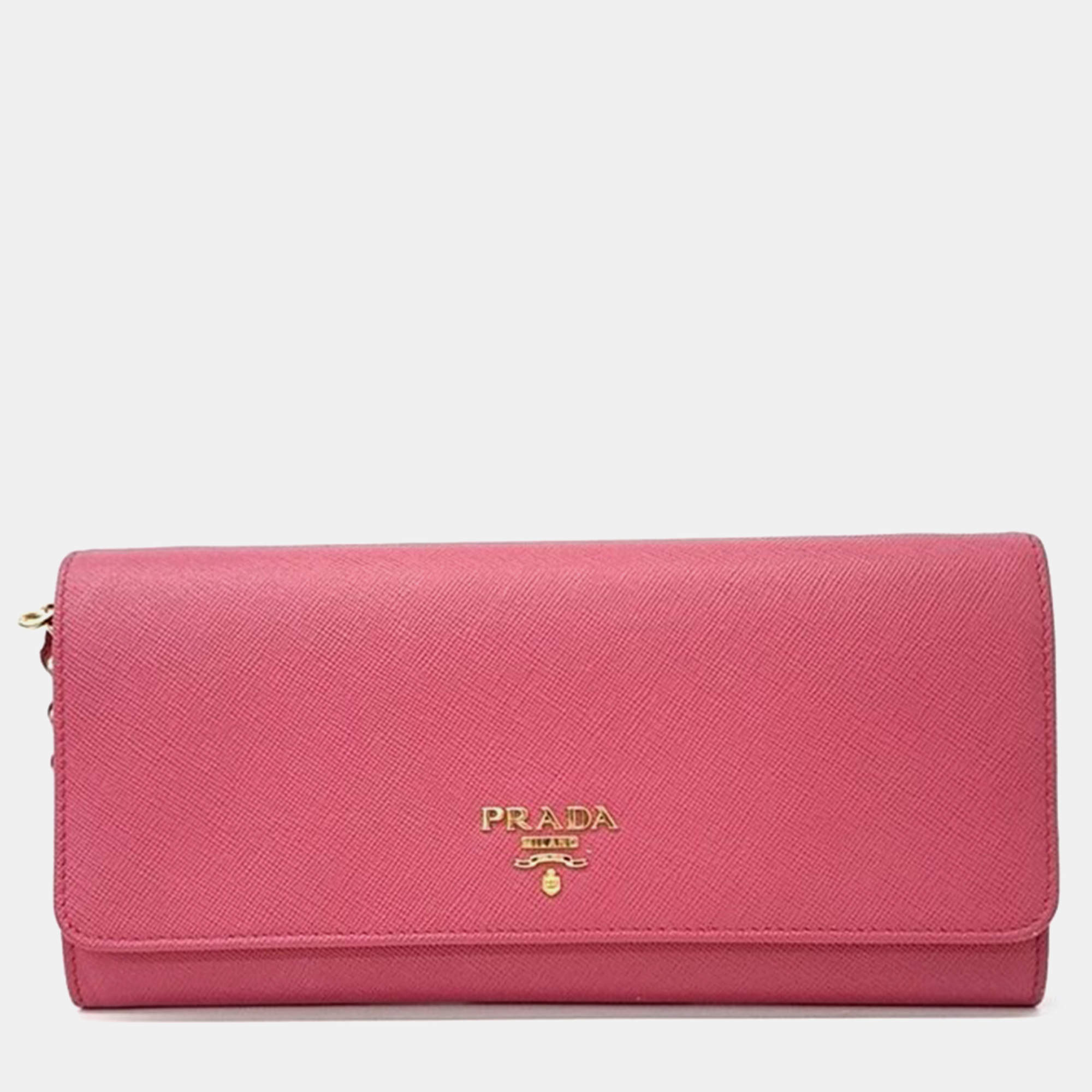 Prada Pink Saffiano Lux Leather Wallet On Chain