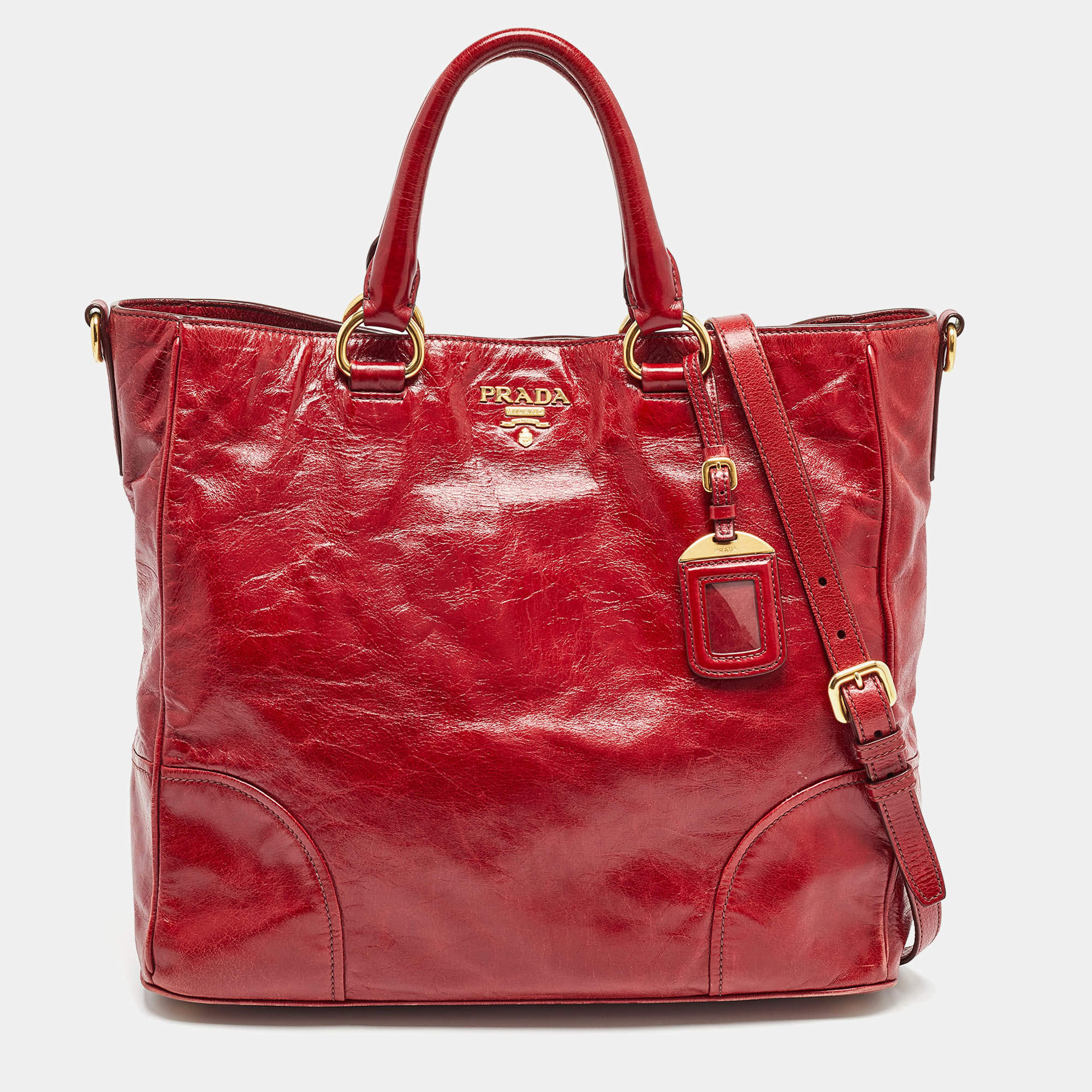 Pre Owned Prada Red Vitello Shine Leather Logo Shopper Tote