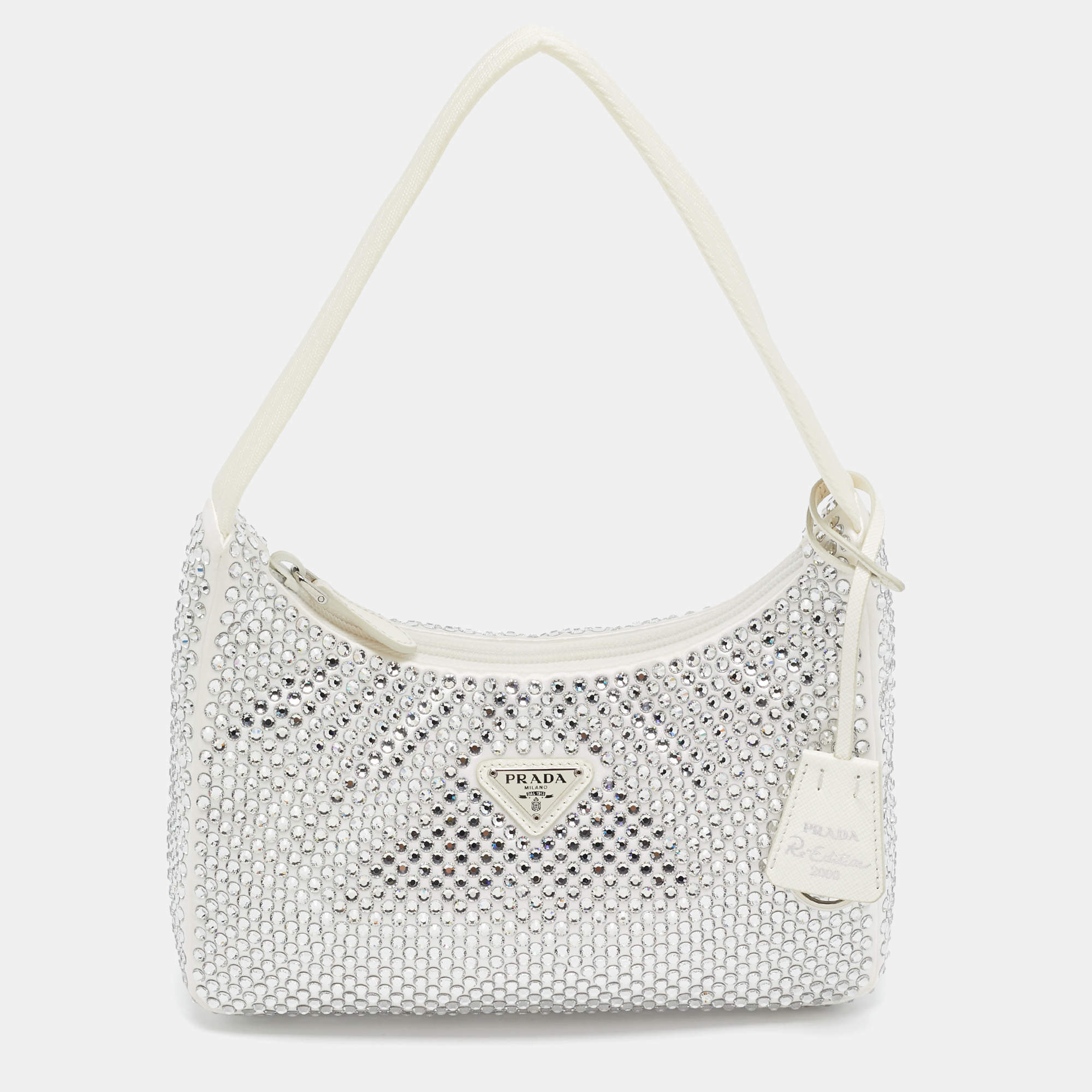 Prada Off White Satin Crystal Embellished Re-Edition 2000 Baguette Bag