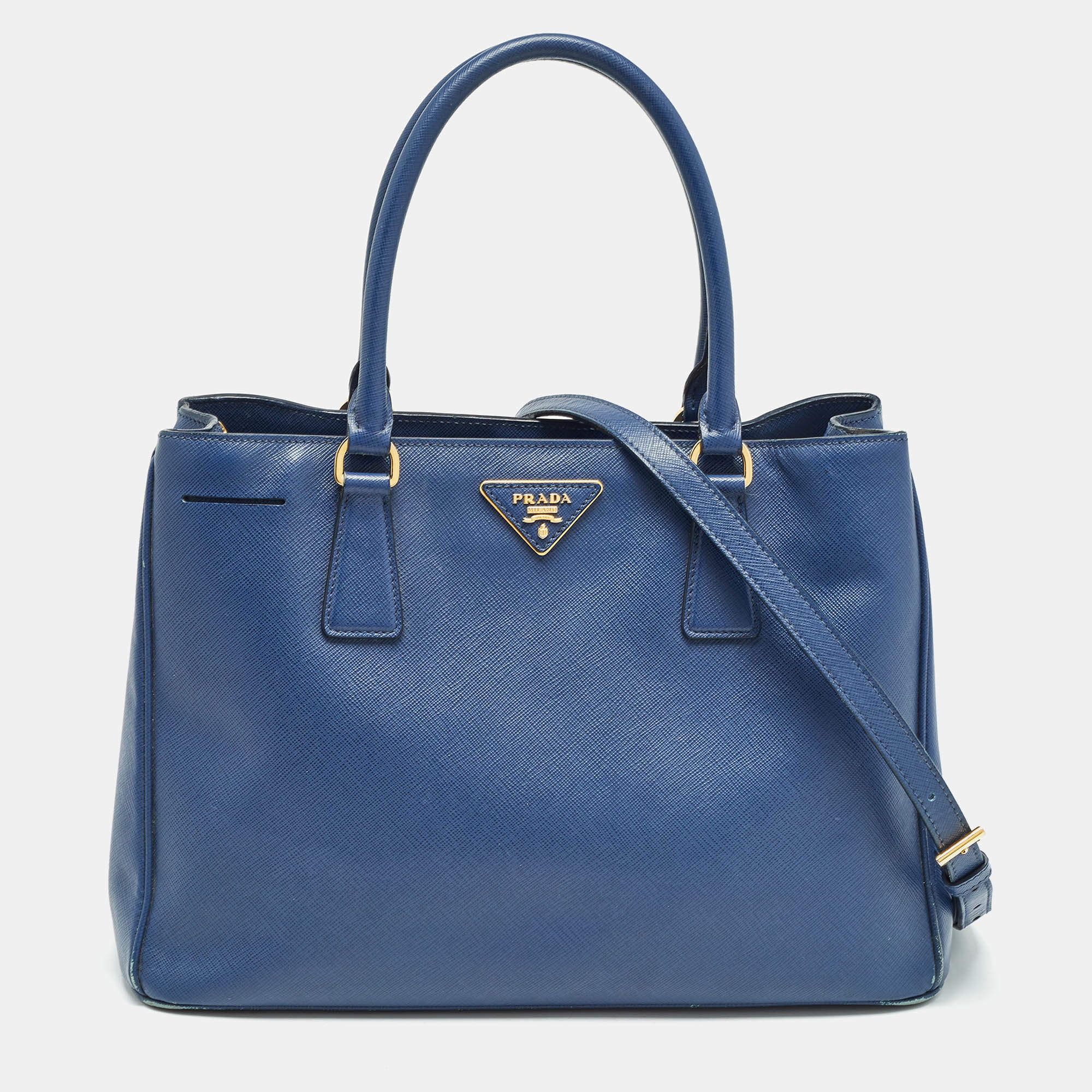 Pre Owned Prada Navy Blue Saffiano Leather Medium Double Zip Tote