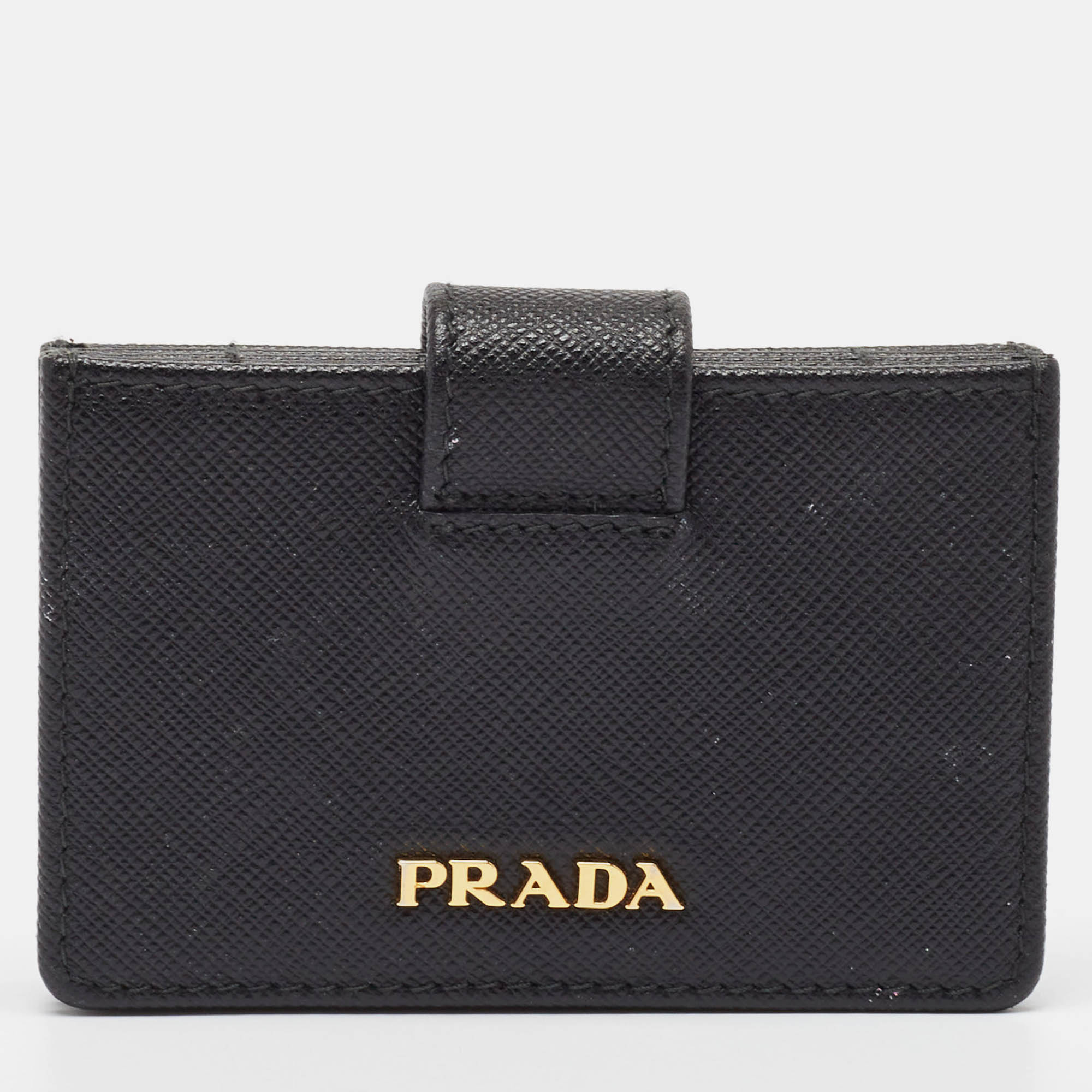 Pre Owned Prada Black Saffiano Metal Leather Accordion Card Case