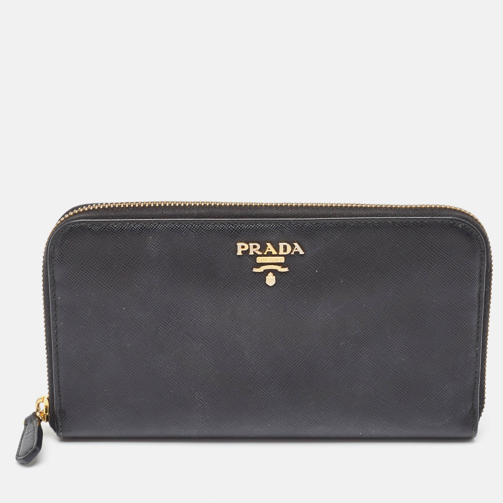 Pre Owned Prada Black Saffiano Leather Zip Around Wallet