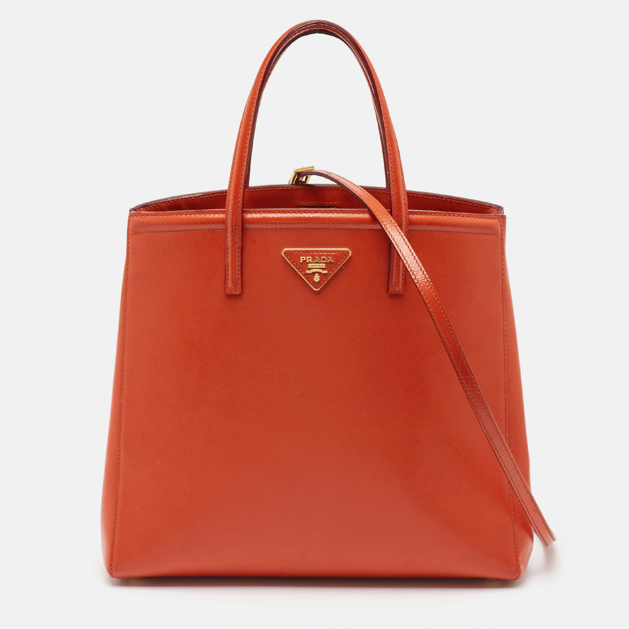Pre Owned Prada Orange Saffiano Patent Leather Parabole Tote