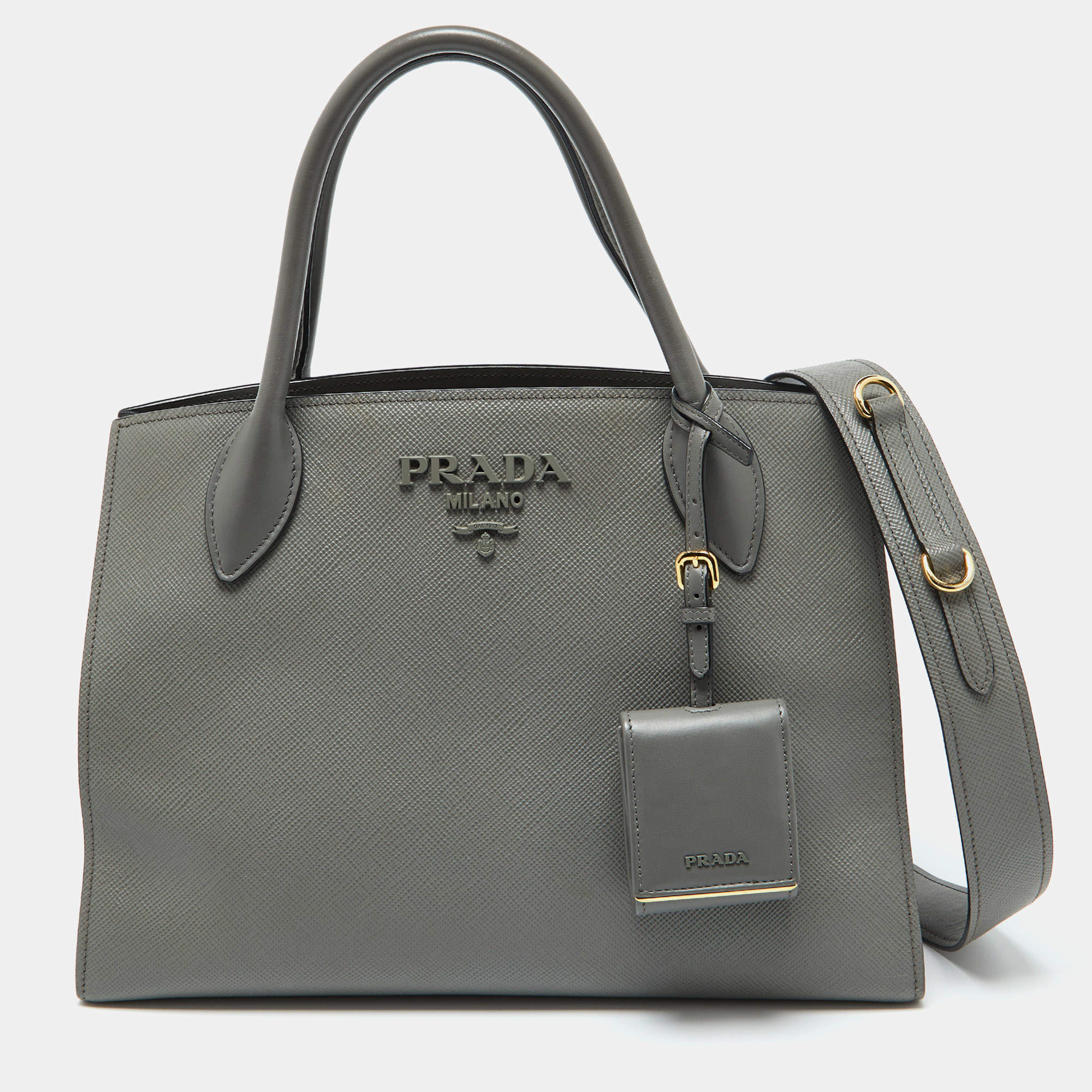 Pre Owned Prada Grey Saffiano Cuir Leather Monochrome Tote