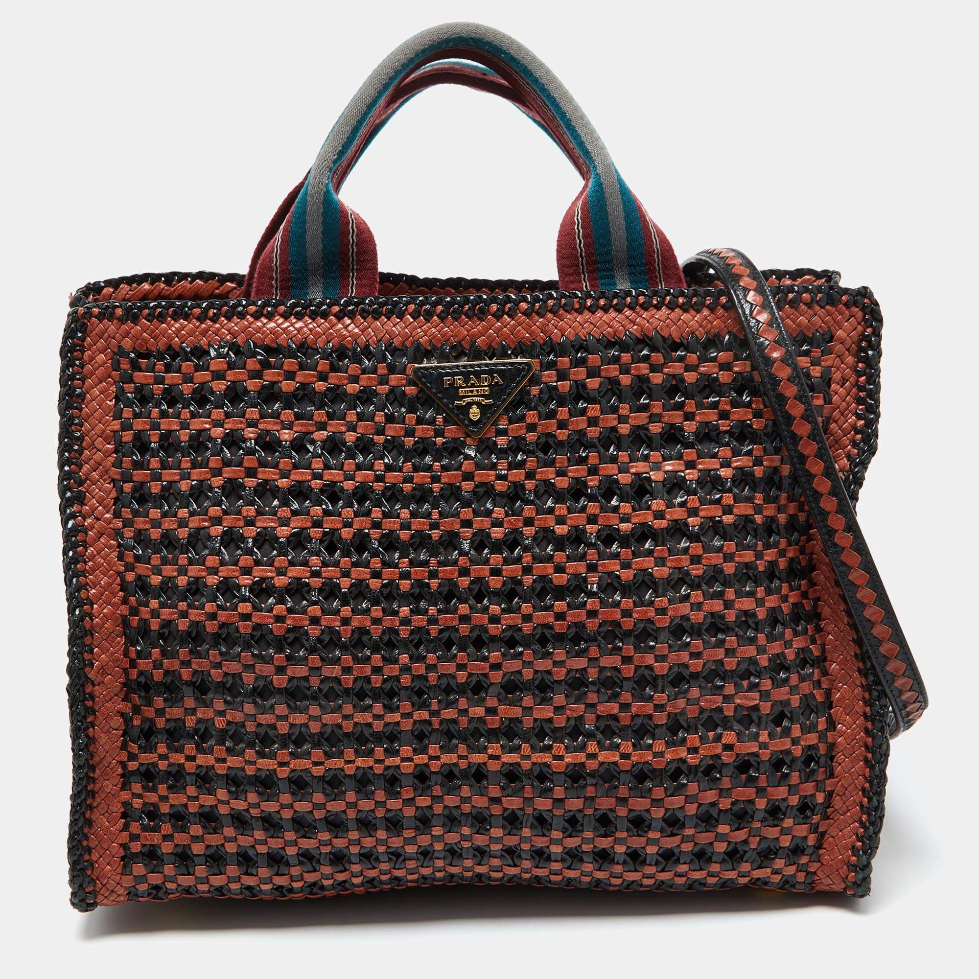 Pre Owned Prada Black/Brown Woven Leather Madras Tote