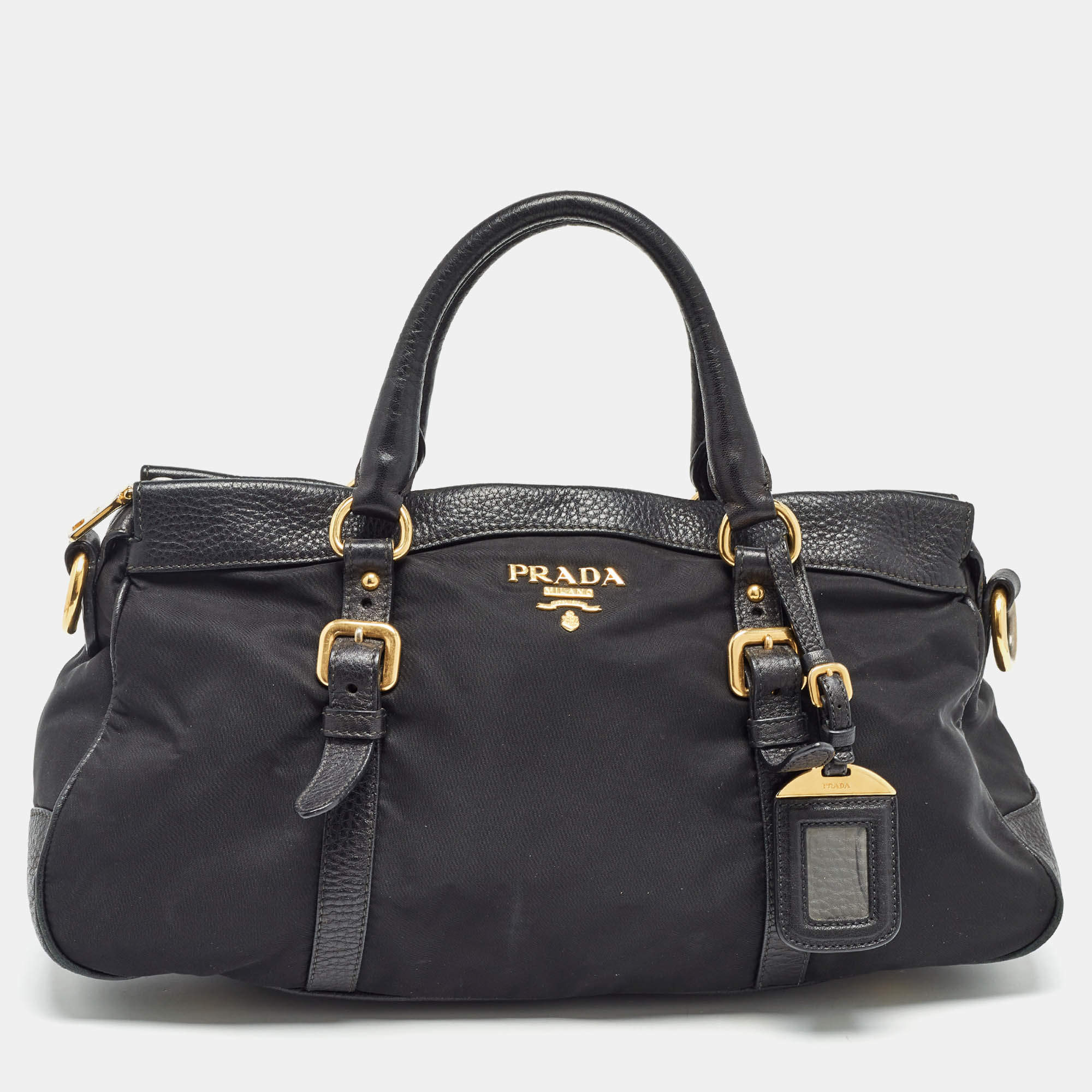Prada Black Nylon and Leather Top Zip Satchel