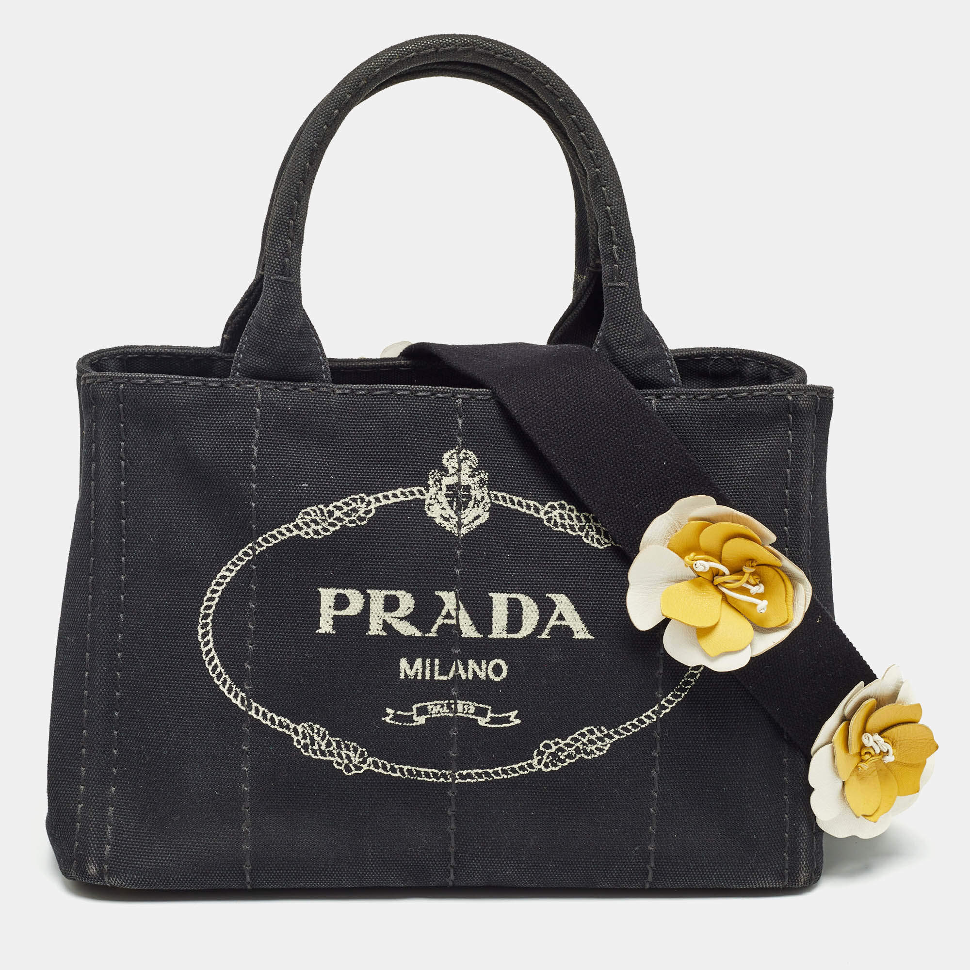 Prada Black/White Canvas Small Canapa Logo Tote