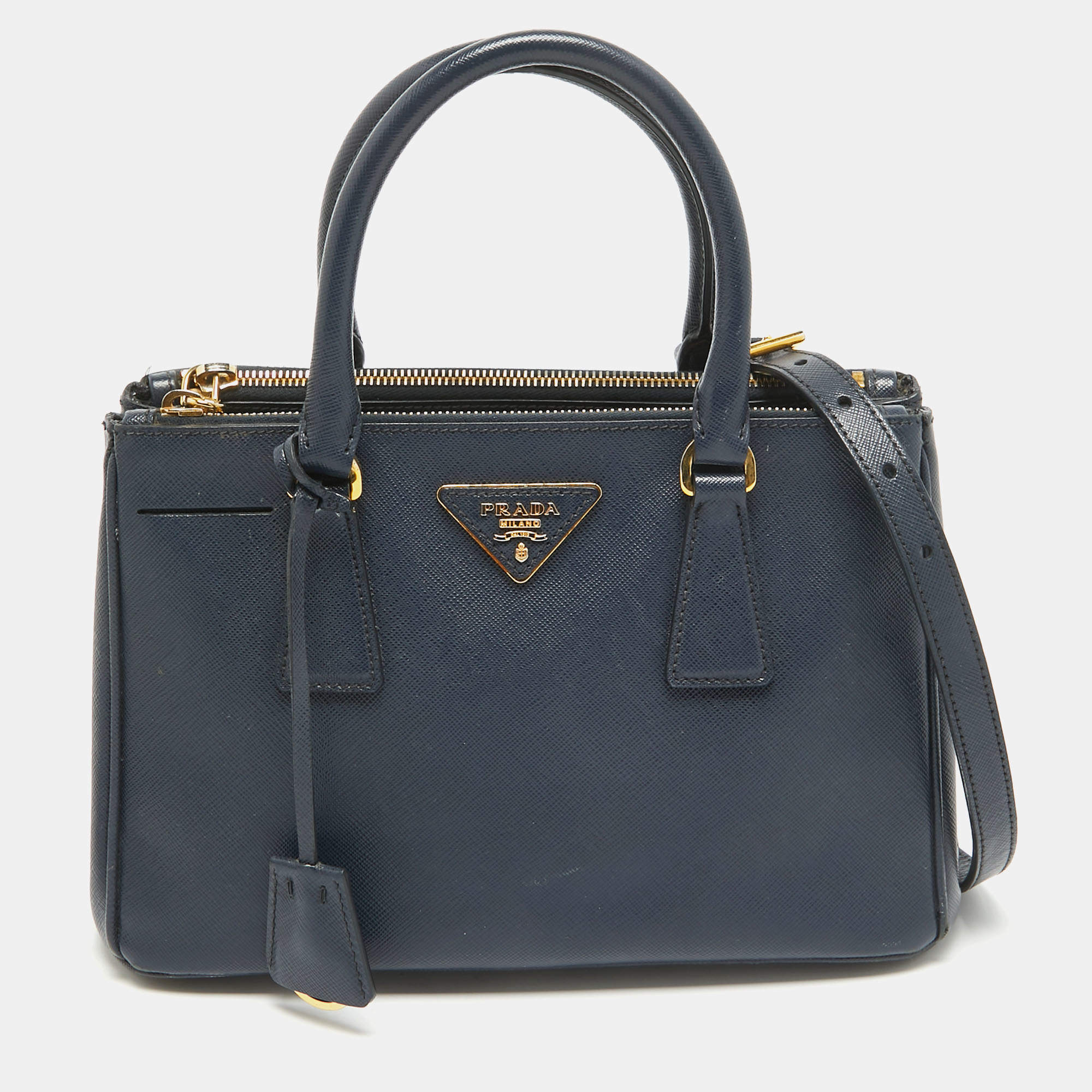 Pre Owned Prada Navy Blue Saffiano Lux Leather Small Double Zip Tote