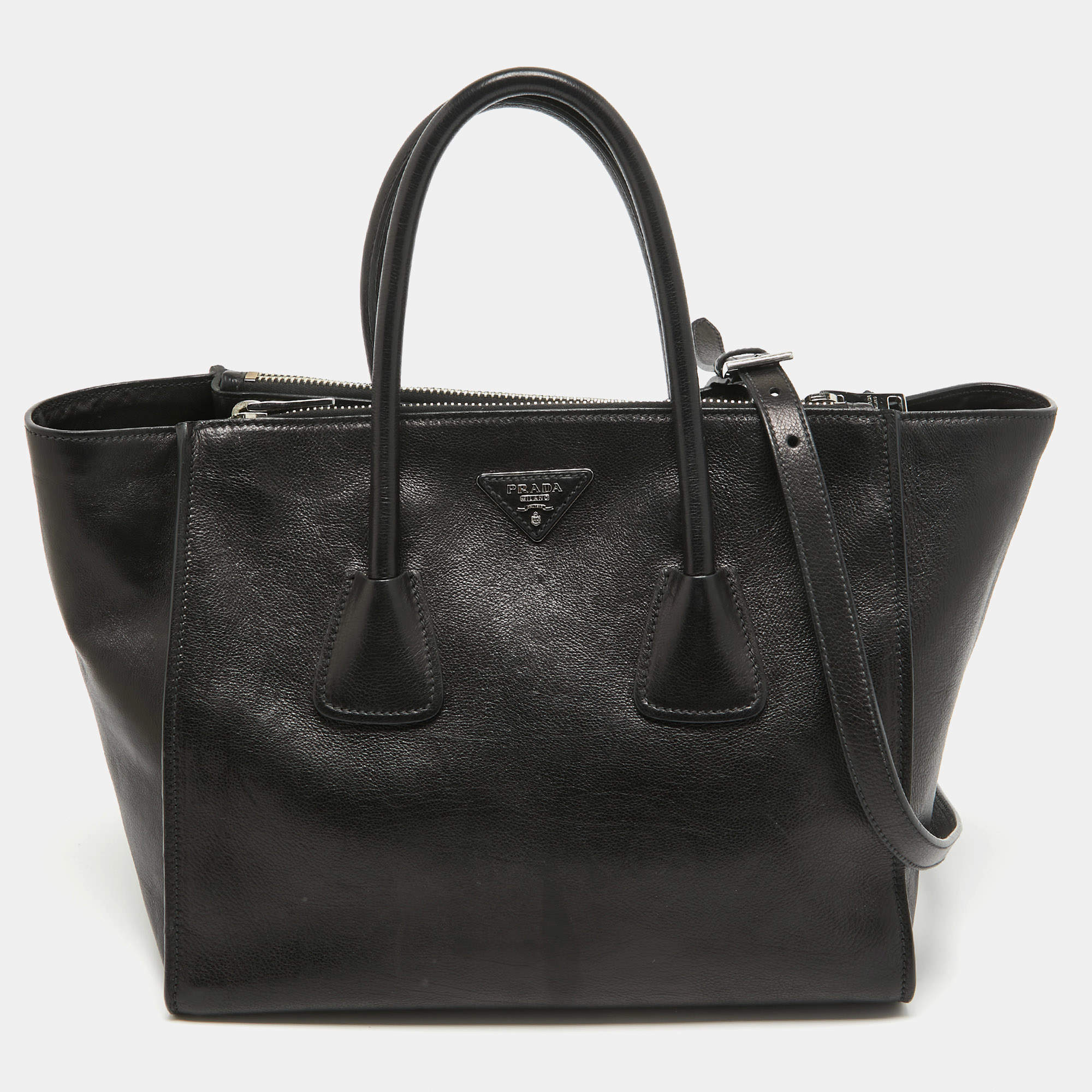 Pre Owned Prada Black Leather Twin Pocket Double Handle Tote