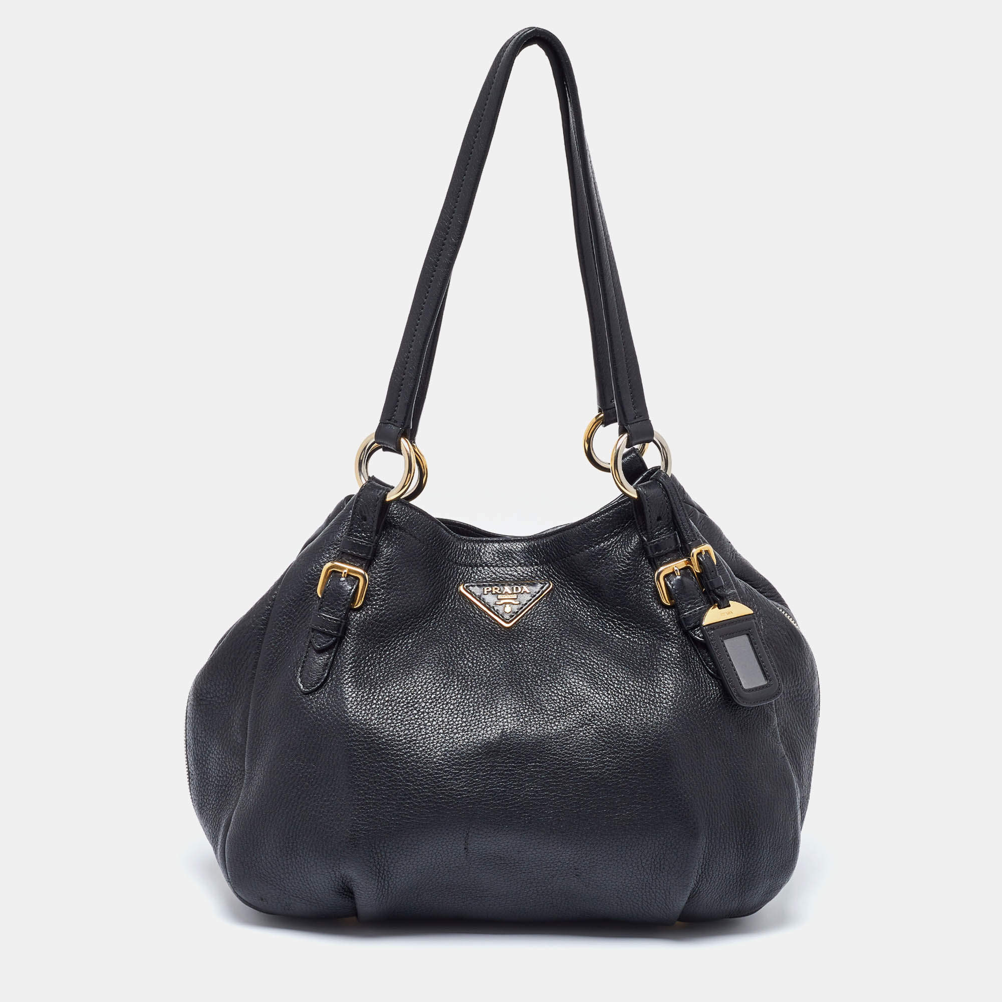 Prada Black Vitello Daino Leather Side Zip Hobo